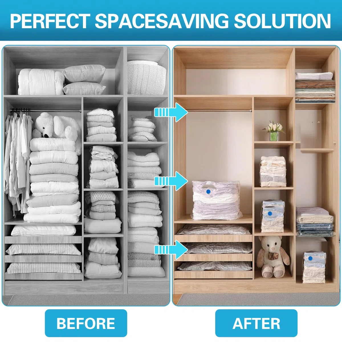 Bolsas Vacio Ropa con Bomba Eléctrica, 15 Bolsas de Vacio 3x100*70cm, 3x80*60cm, 4x70*50cm, 5x60*40cm, Reutilizable Vacuum Storage Bags, Bolsa Vacio Ropa para Mantas, Edredones, Colchas