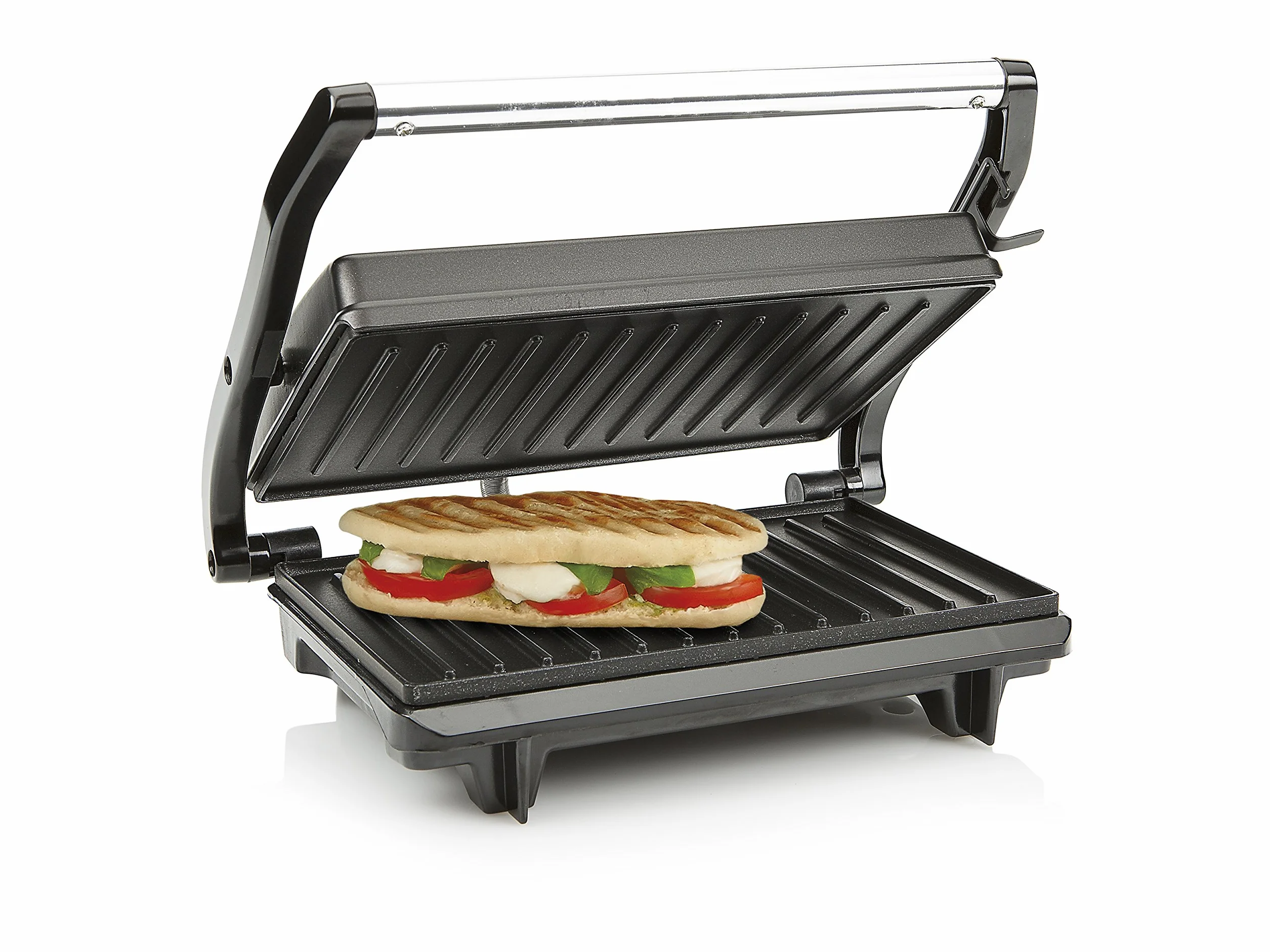Tristar GR-2650 Parrilla eléctrica con superficie de cocinado de 22.5 x 14 cm, revestimiento antiadherente, tapa flotante, libre de BPA y PFOA, almacenamiento para el cable, 700 W, Color Negro