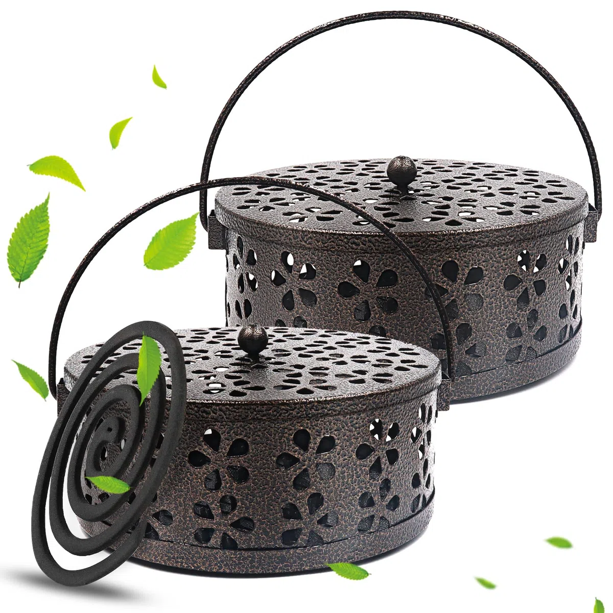 2 Piezas Porta Incienso Antimosquitos,Portable Mosquito Coil Holder,con Tapa y Asa Porta Incienso Espiral para Casa Camping Viajes,Hotel, Sala de Estar(Bronce)