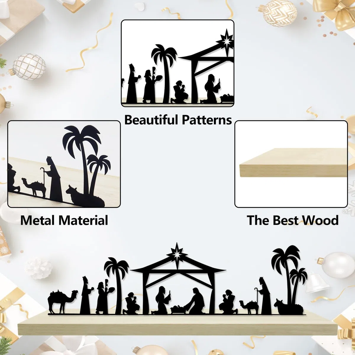 HINGTAI Juego de belén navideño de Metal Negro con Base de Madera, decoración de belén de Invierno, Juego de belén navideño para Interiores, decoración de Mesa y estantes para el hogar Durante
