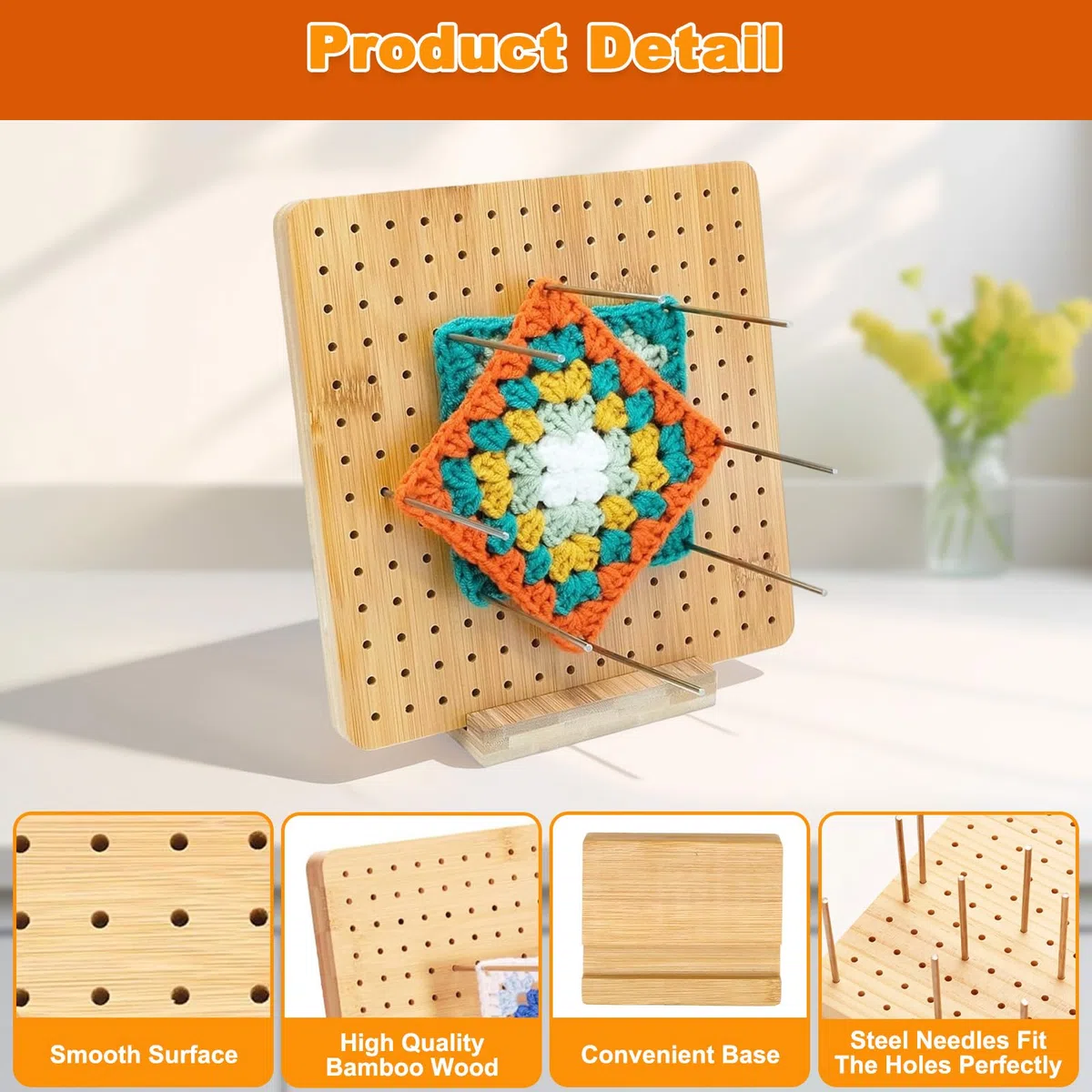 Kit Bloqueador Crochet con 20 Barras Acero Inoxidable, 1 Base Soporte y 5 Agujas Ojos Grandes, Tabla Bloqueo Ganchillo Madera Bambú, Tablero Bloqueo Cuadrado para Proyectos Punto Hechos Mano (20x20cm)