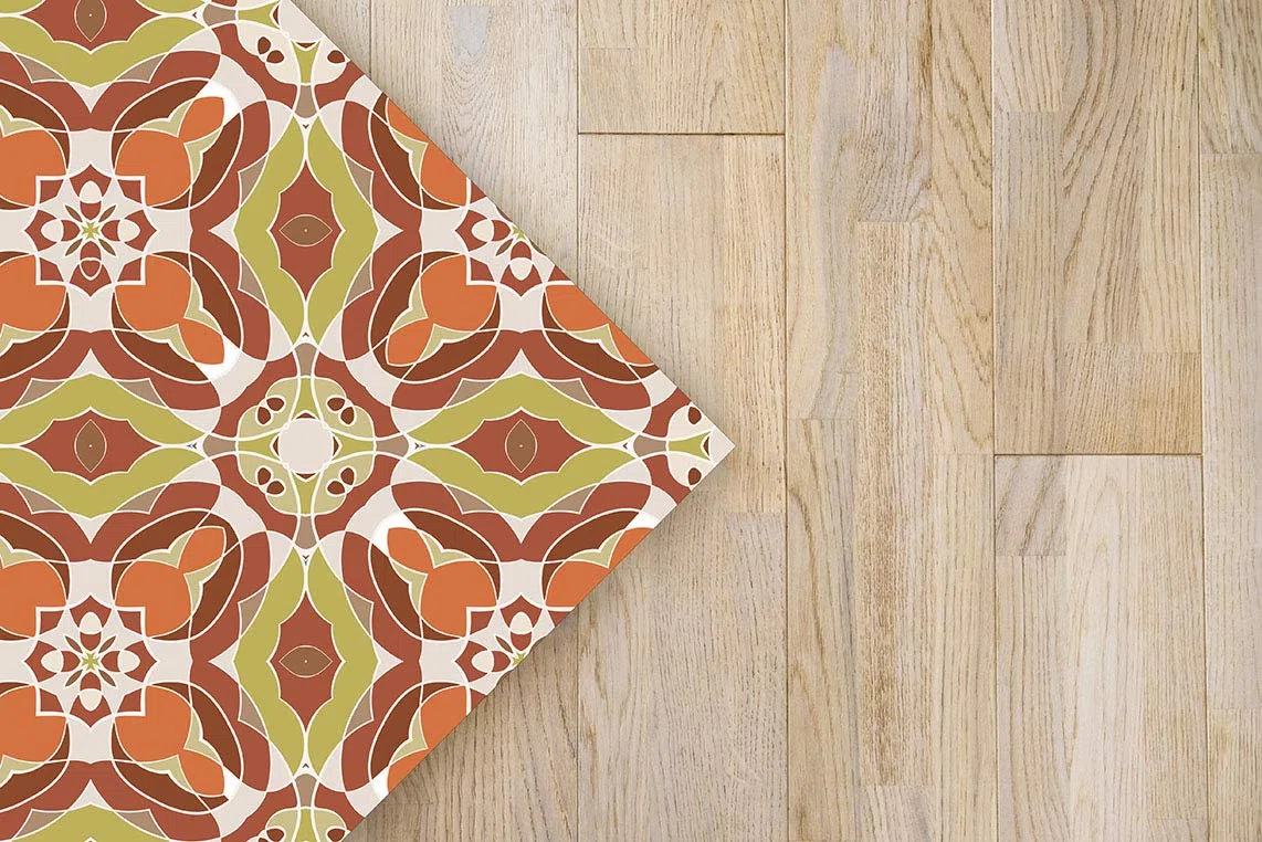 Panorama Alfombra Vinílica Cocina Baño - Modelo Baldosín Oriental Caleidoscopio Naranja 40x80 cm - Varios tamaños - Decoración Hogar