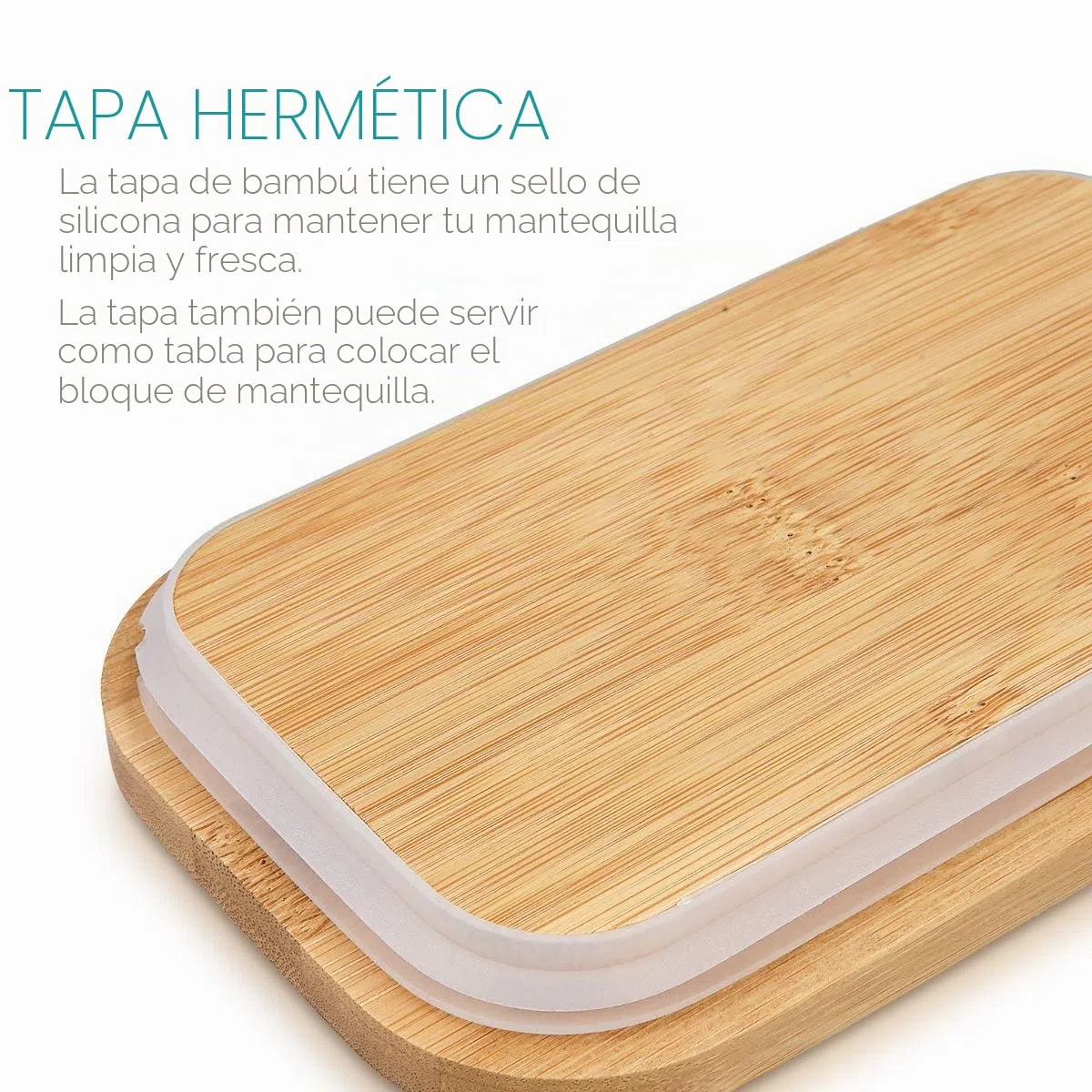 Navaris Mantequillera de cerámica - Recipiente para mantequilla con tapa de bambú - Mantequera hermética con anillo de silicona - 16 x 10 x 7.7 CM