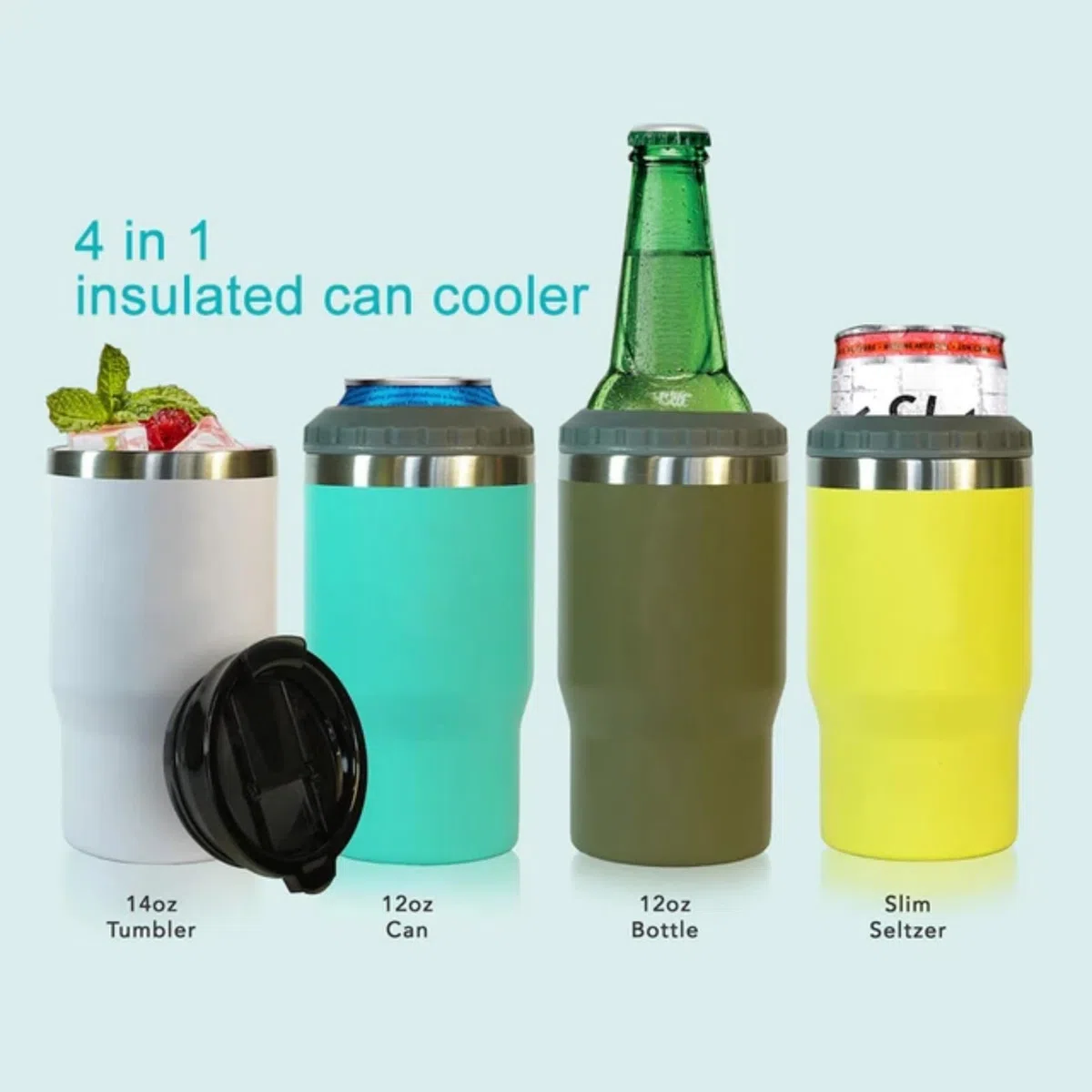 Aislante 4 en 1 de acero inoxidable para latas/botellas, tapas bidireccionales de 14 onzas, enfriador de latas con aislamiento SUS, soporte para botellas de cerveza (verde)