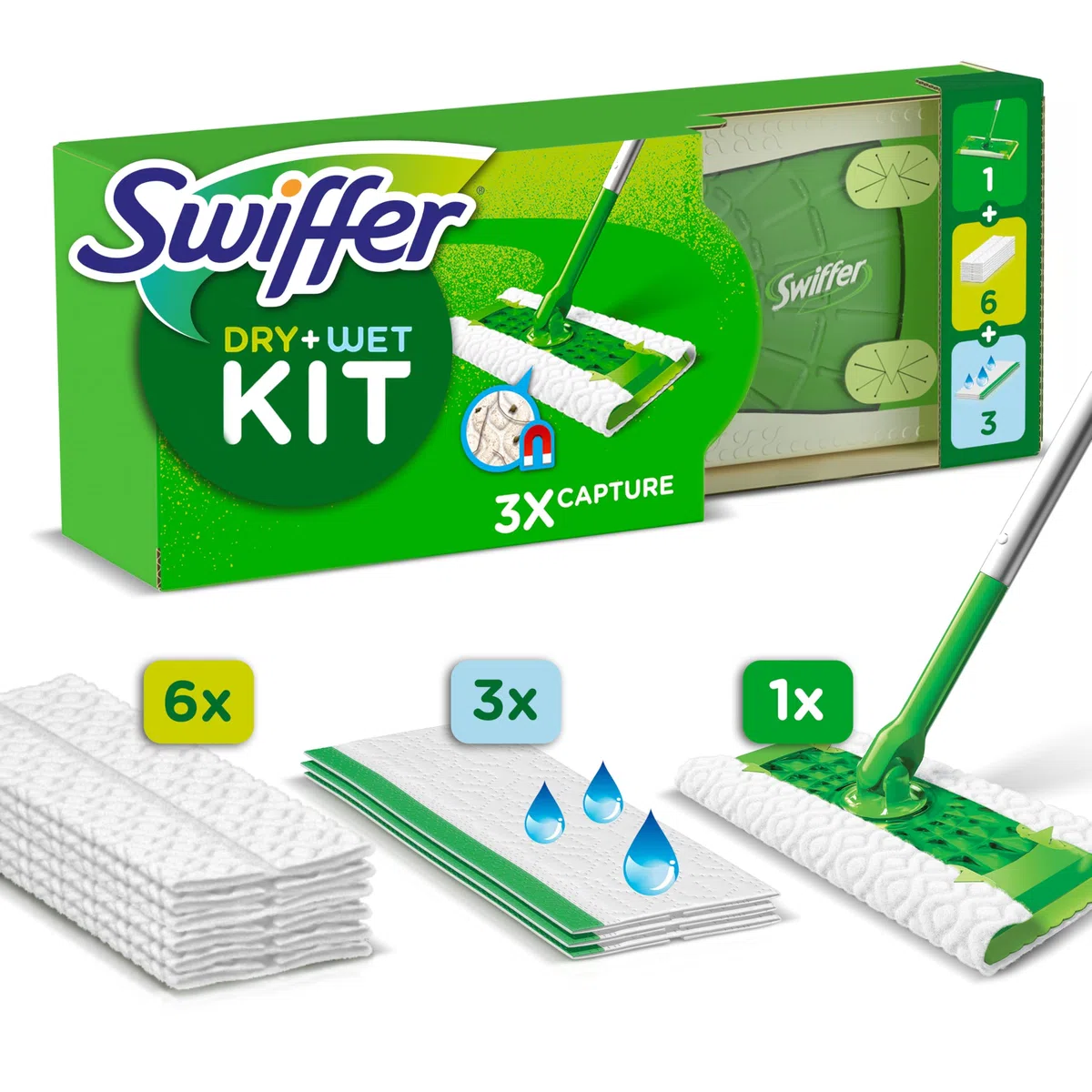 Swiffer Mopa Limpiador En Seco Y Húmedo Kit Básico Para Limpiar Madera Y Suelos, Con: 1 Mopa, 6 Paños Secos, 3 Paños Húmedos