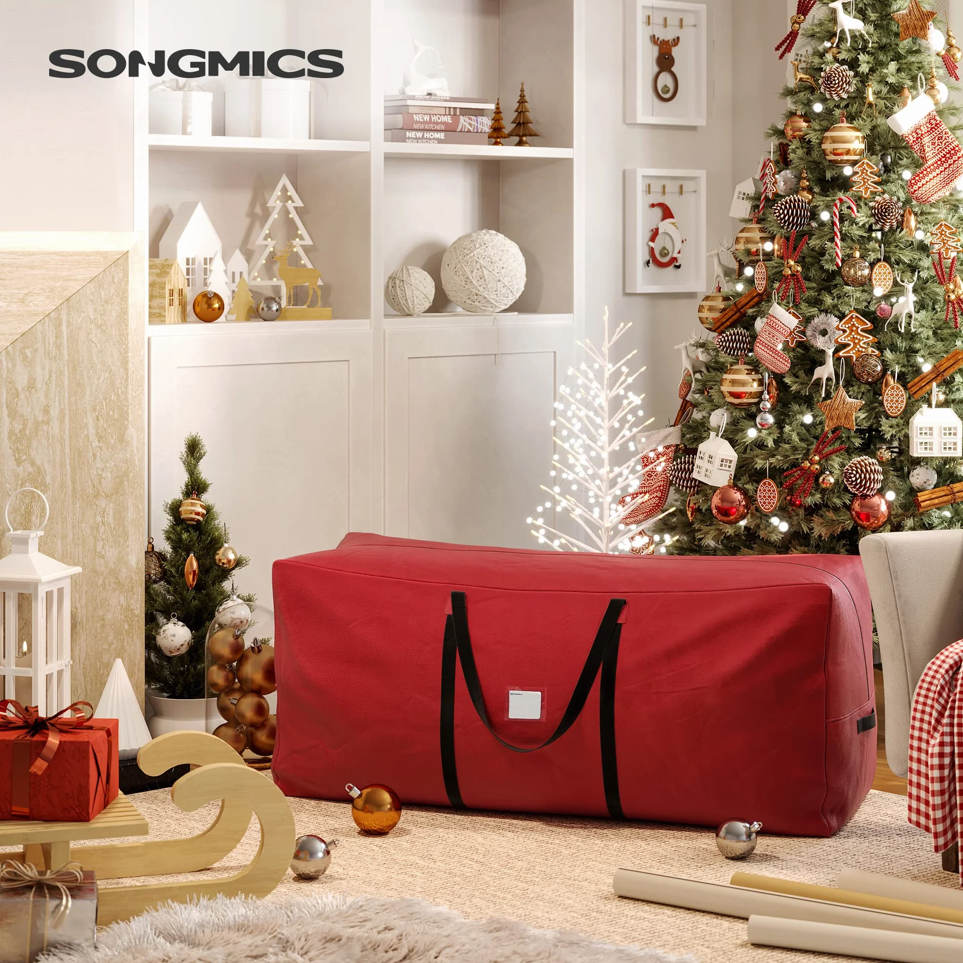 SONGMICS Bolsa de Almacenamiento para Árbol de Navidad, Protectora para Árboles de 210 cm, Tejido Oxford 600D, Antipolvo, Impermeable, Plegable, Asas, Rojo RXS003R03