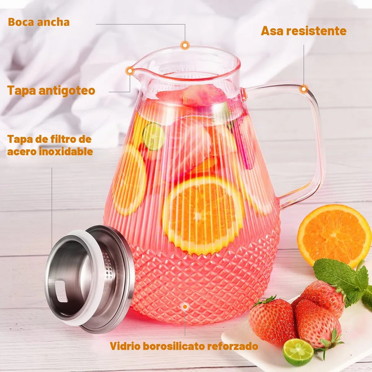 Jarra de Agua Cristal 2,4 Litros Con Tapa y Cepillo - Para Nevera, Té Helado, Leche, Jugo