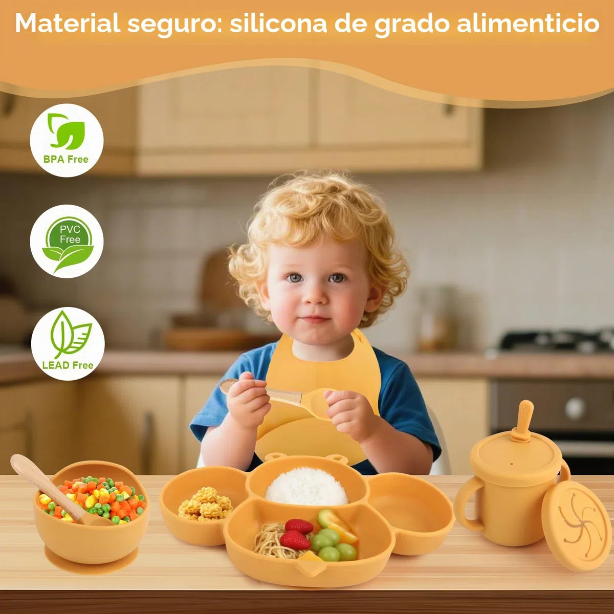 Vajilla Infantil de Silicona, Antideslizante, Juego de Vajilla Infantil con Ventosa,Tazas de Silicona, Cucharas, Tenedores, Tirantes para Bebés, Vasos de Agua Potable (sin BPA),Amarillo