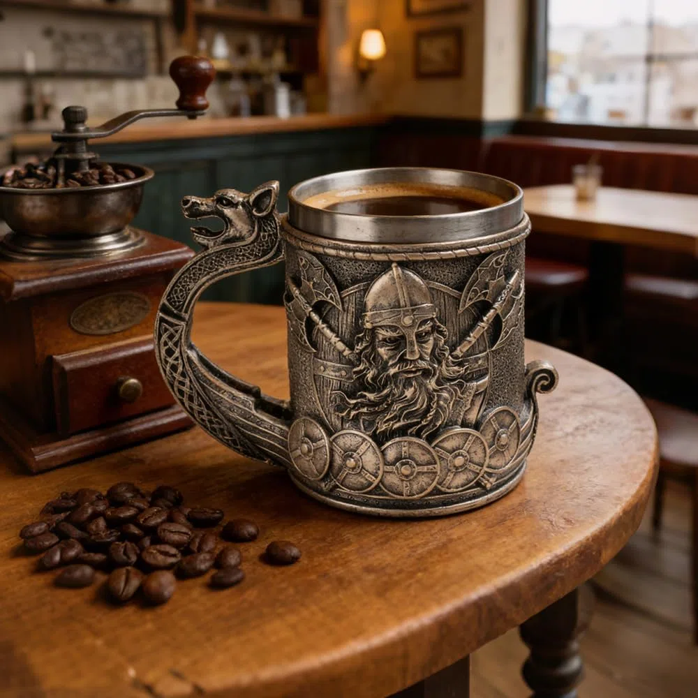 Jarra Cerveza Vikinga, SGZIOO Jarra Cerveza de Madera 500ml, Rune Vintage Caneca Cerveja Con Forro de Acero Inoxidable, Taza de Bebida Medieval para Café/Bebida, Hombres y Regalo del Día Del Padre