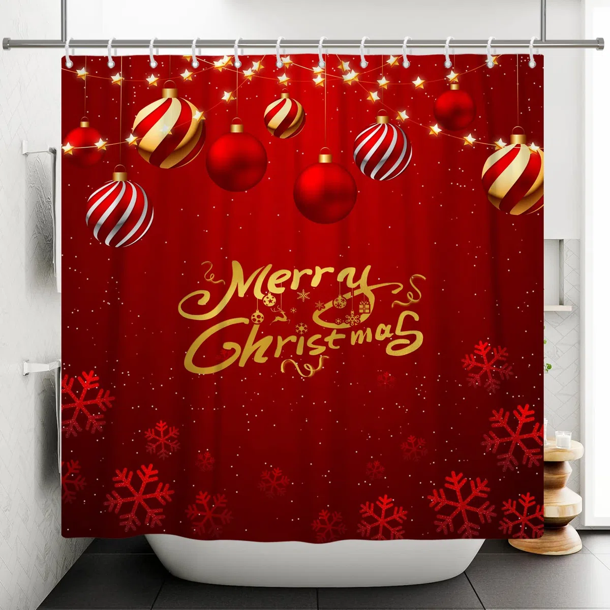 180x180cm Feliz Navidad Cortina de Ducha Nevado Rojo y Rojo Blanco Rayas Celebracion Pelota Cortina de baño Festivo Rojo Fondo Invierno Cortina bañera para Baño Poliéster con Ganchos