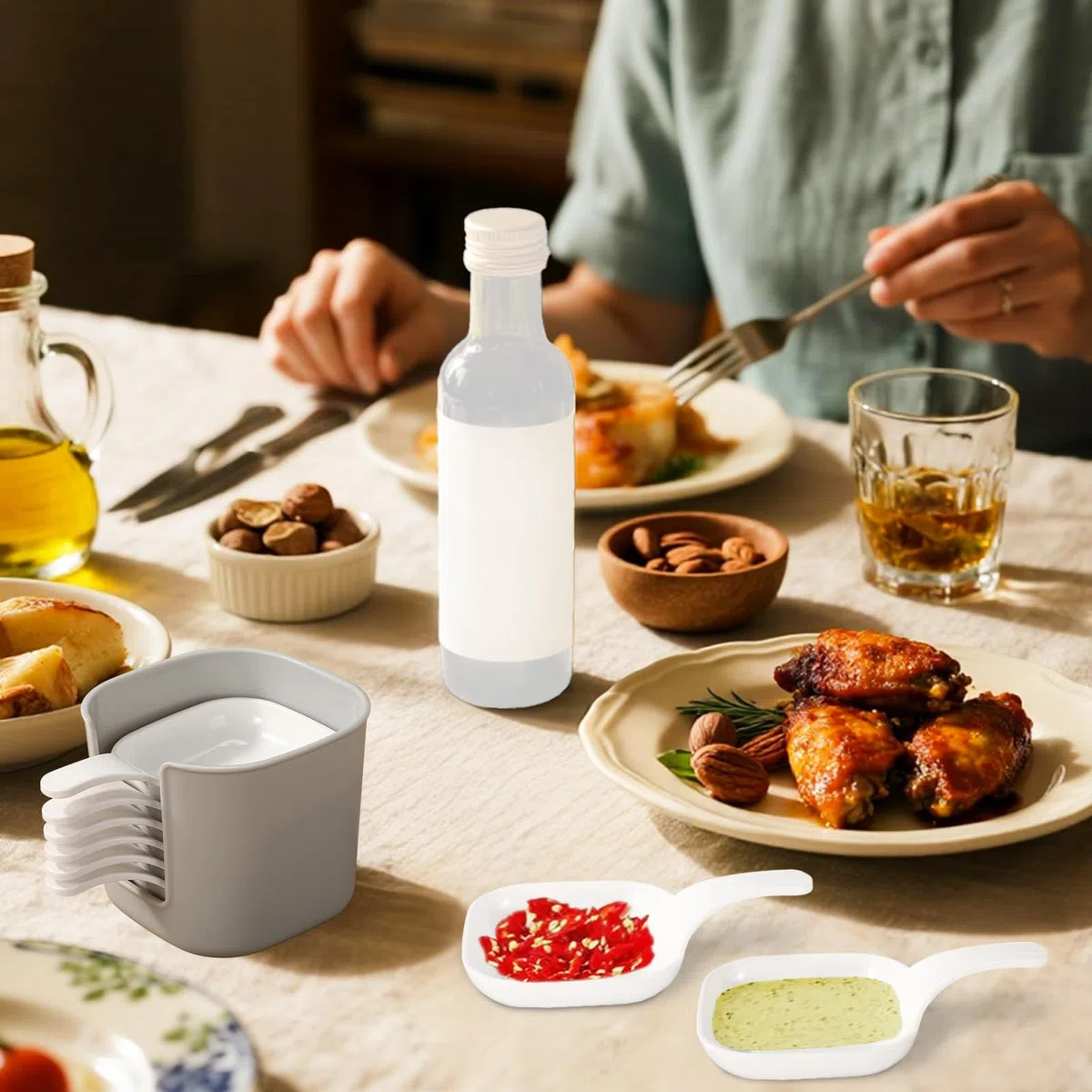 6uds Plato Salsa, Plato con Salsera Portátiles con Asa y Estante de Almacenamiento para Comedor Bar Fiesta Ketchup Condimentos de Soja Bocadillos Frutas Tenencia