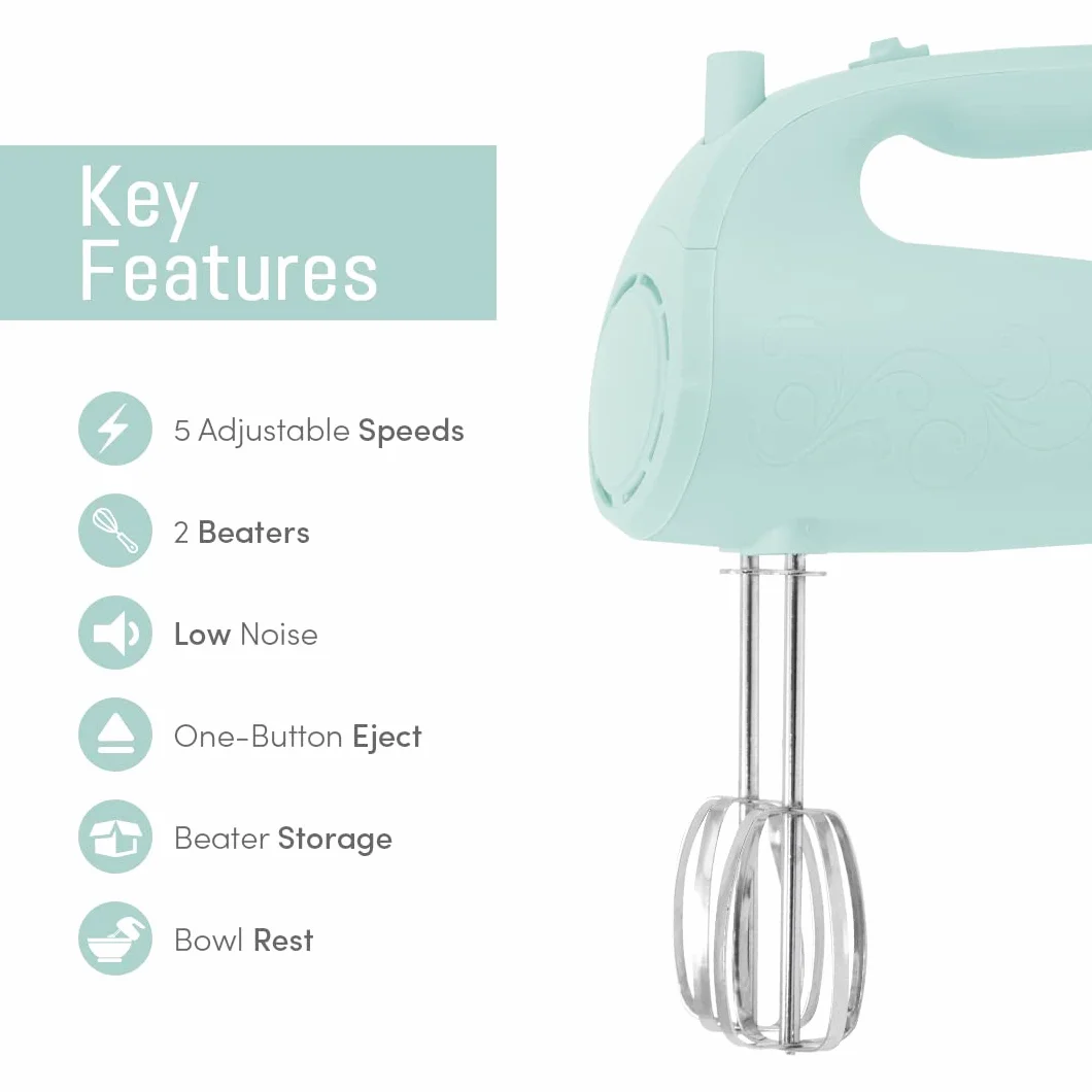 Elite Gourmet EHM003M Batidora de mano eléctrica Ultra Power, 5 velocidades, 2 varillas extraanchas de acero inoxidable, mezclas cremosas y suaves, práctico almacenamiento del batidor, azul menta