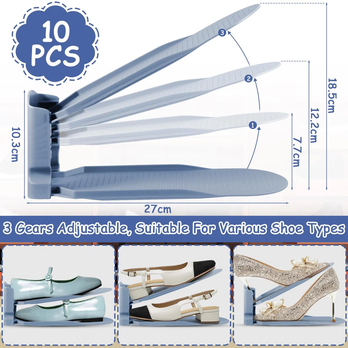 10 pcs Organizadores de Zapatos,Soporte de Calzado de Altura Ajustable,Zapatero Simple,Ranuras para Zapatos,Zapatos Ahorra Espacio, organizador de zapatos de doble cubierta.（neblina azul）