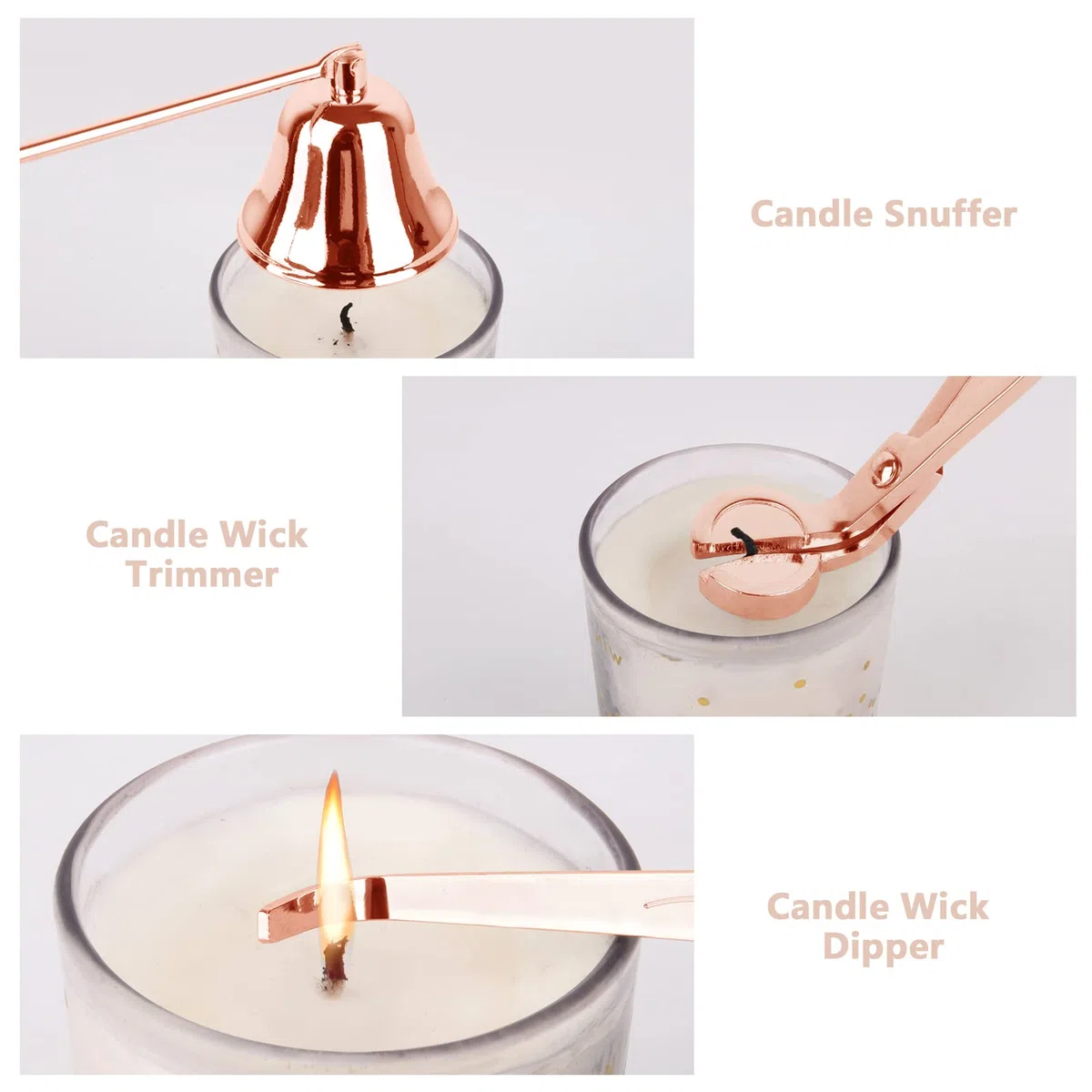 Apagador de Velas, 3 en 1 Set de Herramientas para Velas Apaga con Recortador de Mechas Apagavelas y Cazo Mecha de Vela, Tijeras para Velas, Candle Snuffer, Candle Wick Trimmer (Oro Rosa)