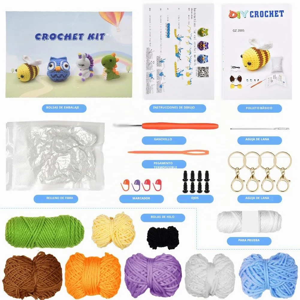 AUAUY Kit de Ganchillo para Principiantes, Juego de Animales de Ganchillo para Principiantes de 4 Piezas, Hilo, Ojos, Relleno,con Tutoriales en Video Paso a Pas, Perfecto para DIY y Tejido a Mano