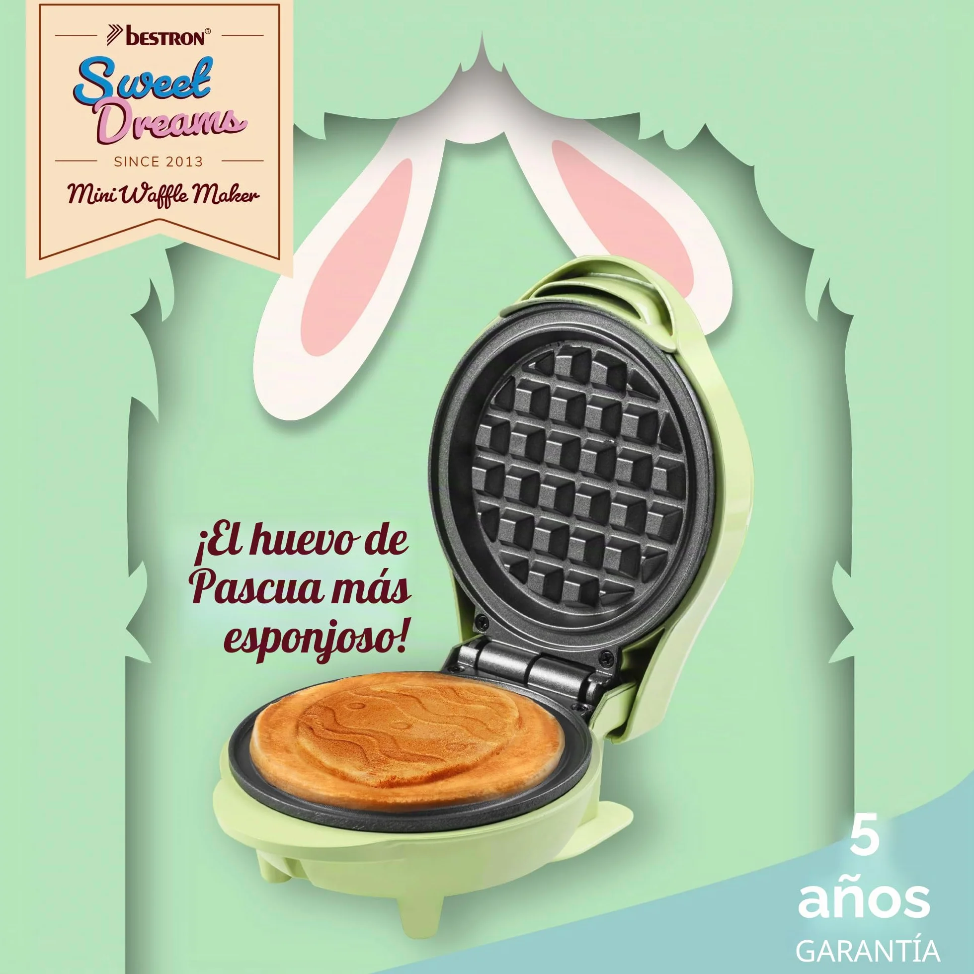 Bestron Mini waflera con diseño único en forma de huevo de Pascua, waflera ideal para Pascua, cumpleaños infantil o como regalo, tamaño de gofres 10 cm, color: verde