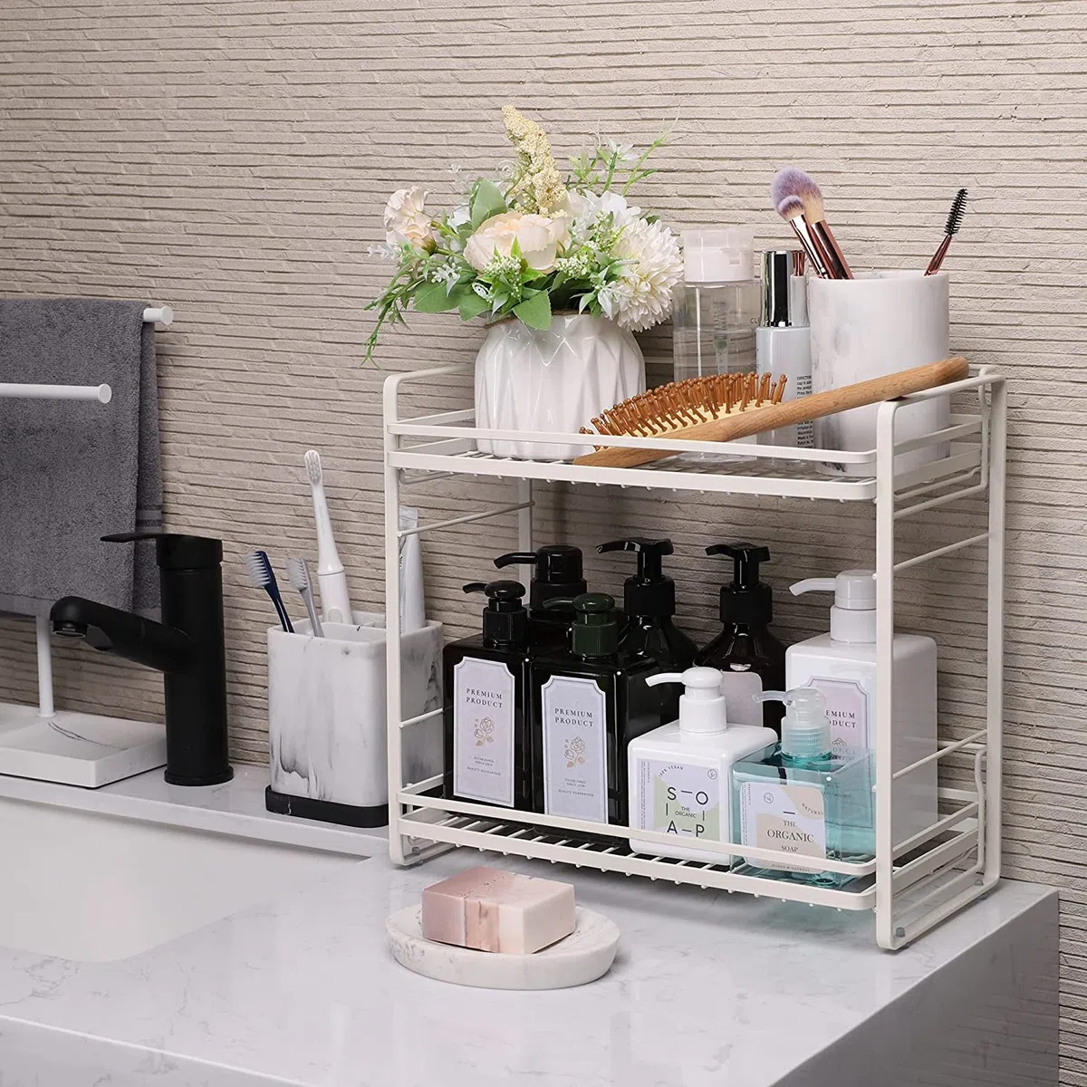 zccz Organizador de encimera de baño de 2 niveles, estante desmontable, soporte de cosméticos, bandeja de tocador, organizador de especias para cocina, práctico estante de almacenamiento doméstico