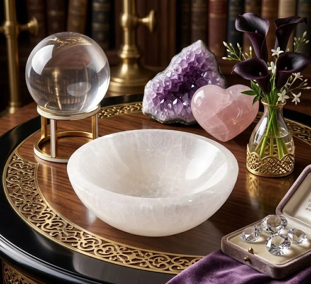 Genérico Cuenco de cristal de selenita natural, redondo, cuenco decorativo de cuarzo tallado a mano para la decoración del hogar. (10 Cm)