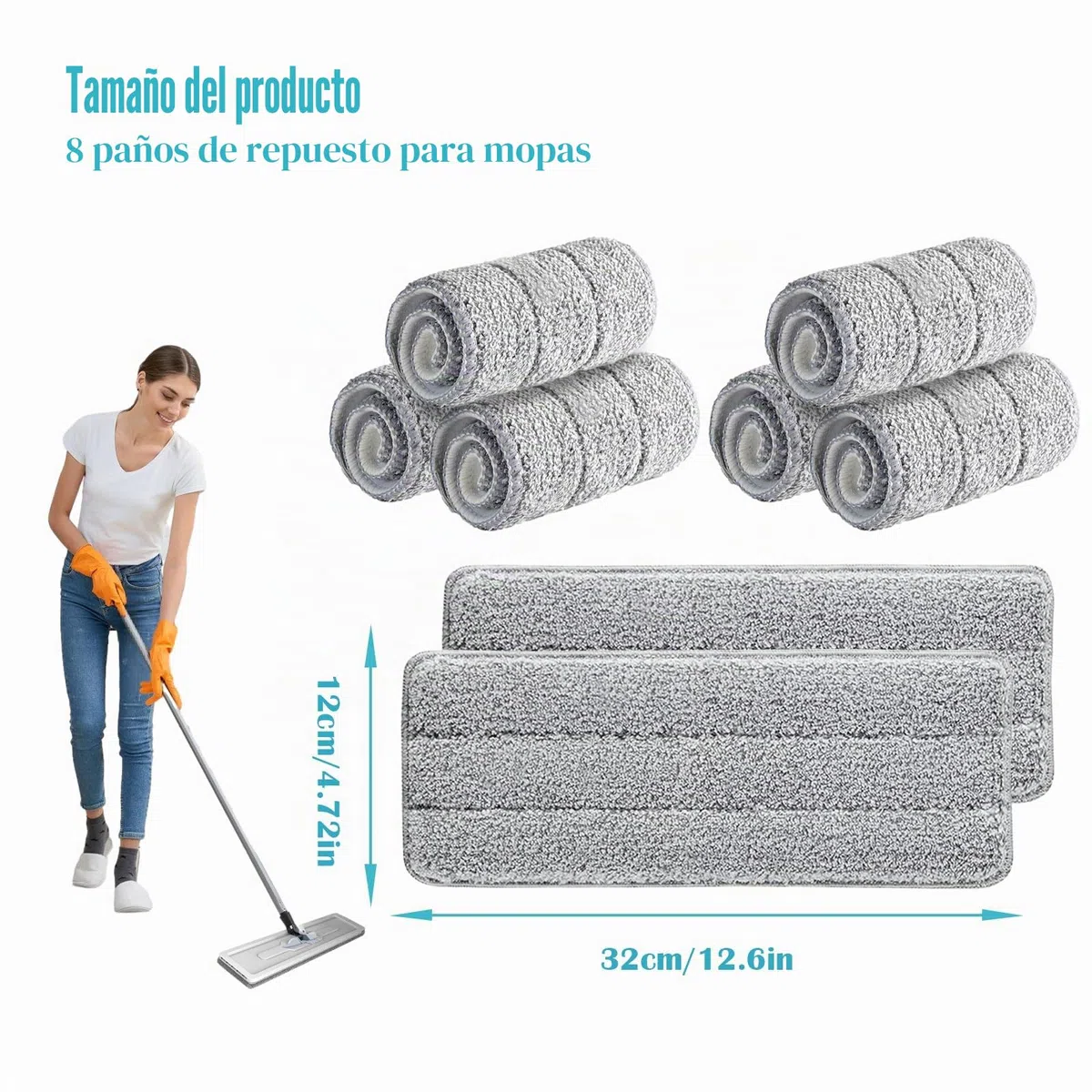 8 Piezas Mopa de Microfibra Cabecera de Repuesto, Recambio Microfibra Mopa Escoba, Almohadillas De Fregona Lavables, para el Hogar, Oficina, Madera Dura, Mármol, Azulejo