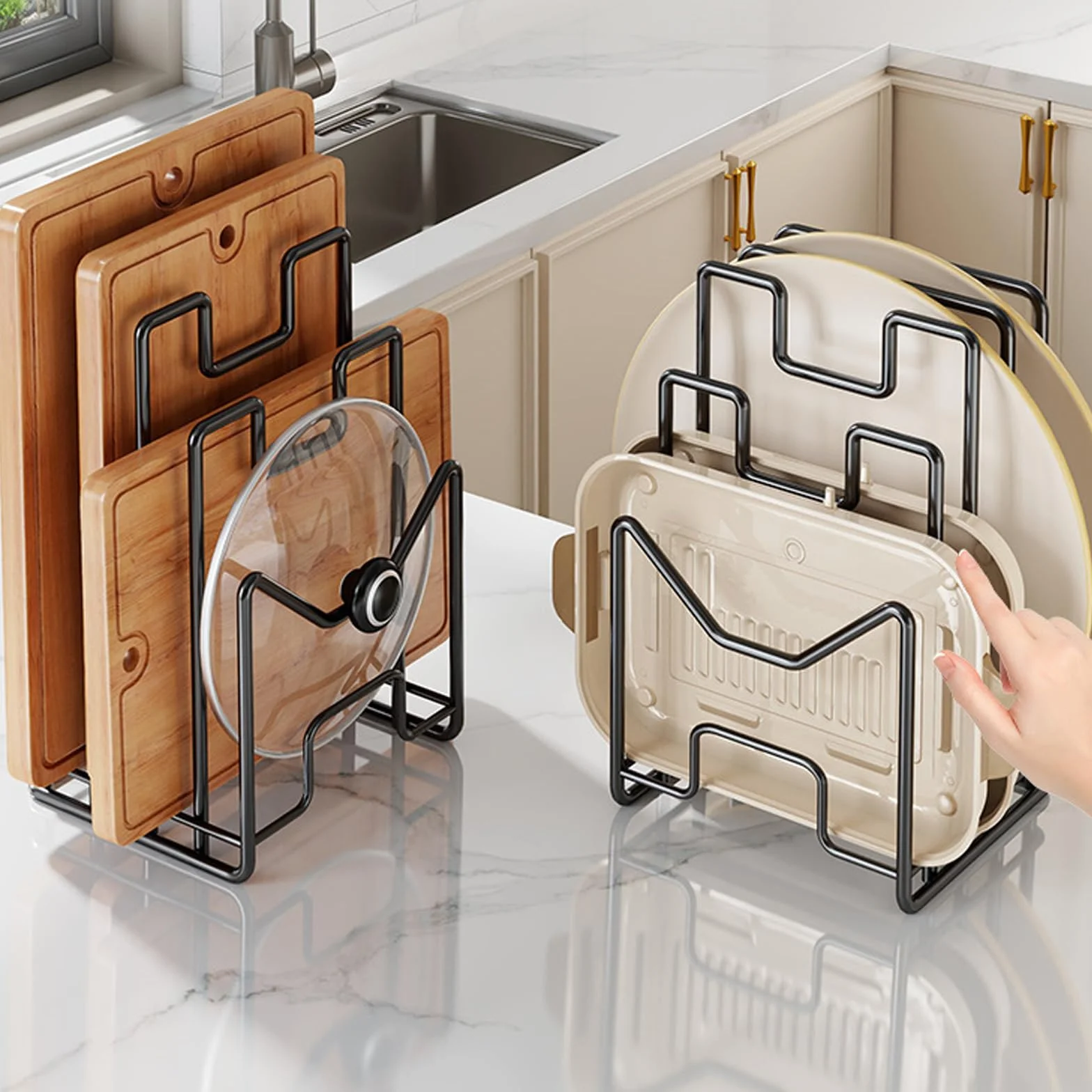 Soporte Bandejas Cocina Soporte Tabla Cocina De Metal, Organizador De Tabla De Cortar con 4 Compartimentos para tapas De Ollas, Espátulas, Platos, Bandejas para Hornear