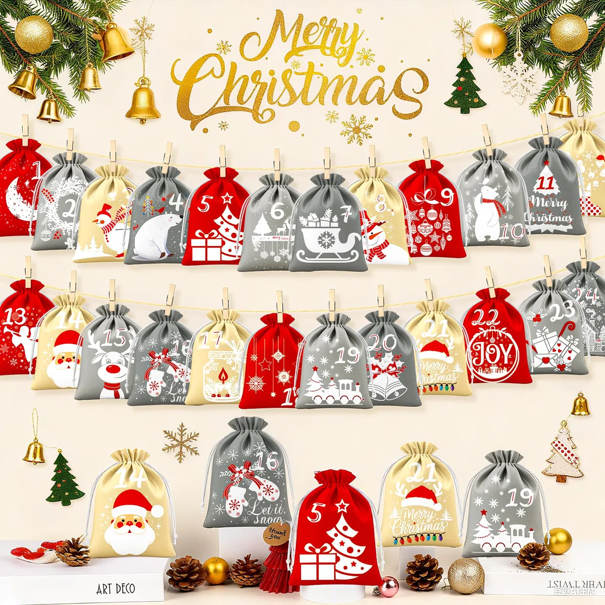 BoriYa Calendario Adviento para Rellenar - Terciopelo Bolsas Calendarios Adviento Vacio, DIY Calendario de Adviento Rellenable, Niños Bolsitas Calendario de Navidad para Rellenar 2025