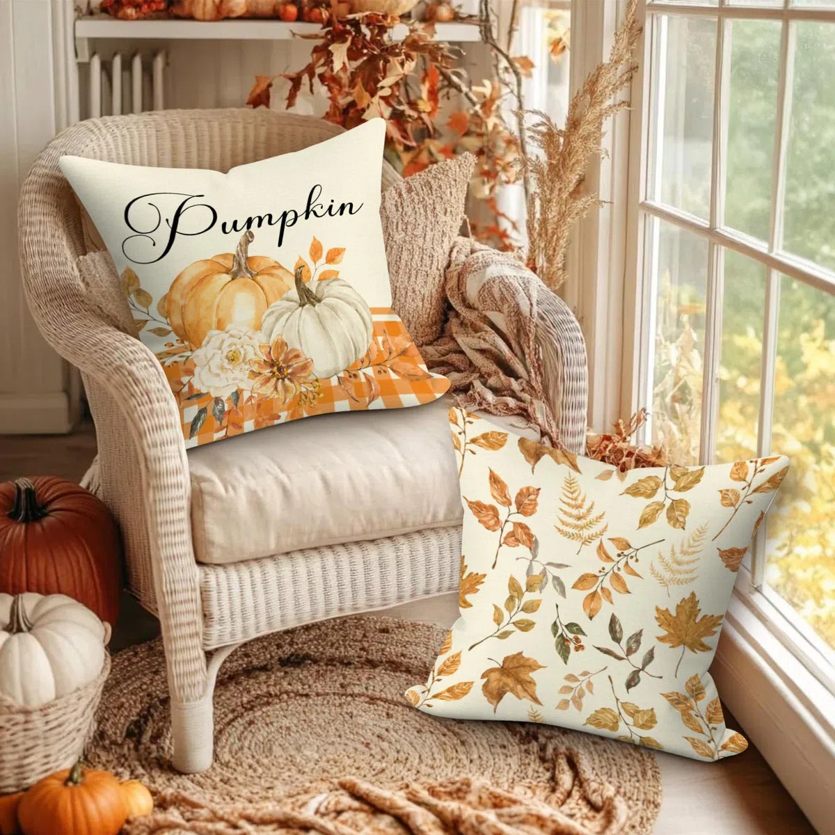 Benjia Juego de 4 Fundas de cojín de otoño de 45x45 cm, Hojas caídas Calabaza Fundas de Almohada de otoño Cubiertas de Almohadas 45 x 45 cm para Acción de Gracias Halloween Home Sofá-Naranja