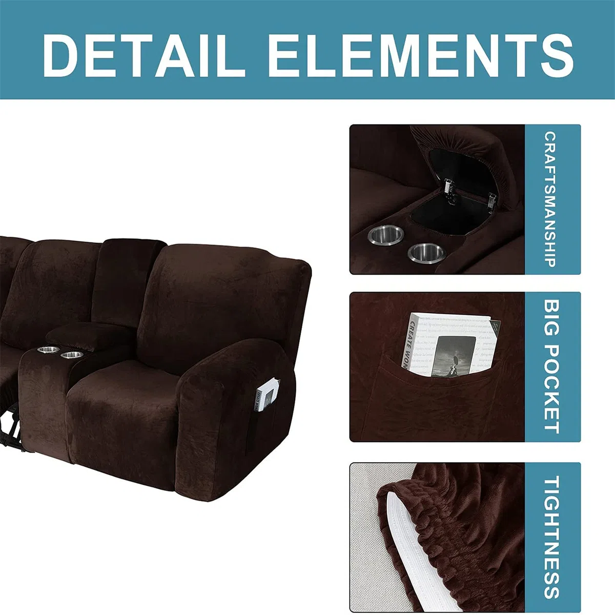 Funda reclinable elástica de Terciopelo con Consola - Tela Lavable Suave y Gruesa - Color Arena de 2 a 3 plazas - ¡Proteja su sofá reclinable con Esta Funda reclinable Premium contra el Desgaste Dia