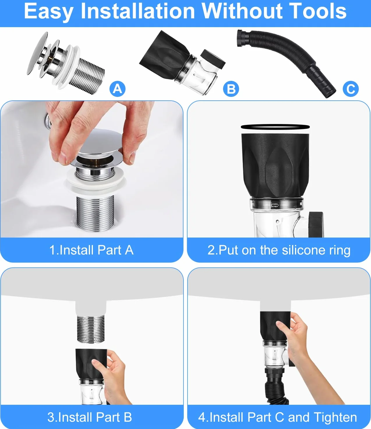 LEAZZLE Kit de Desague Lavabo, Kit de Valvula Desagüe Lavabo con Tubo Desague Flexible y Pop-Up Filtro Sifon Lavabo, Extensible 300-1000mm,para Fregadero de Baño y Cocina,Resistente Olores y Insectos