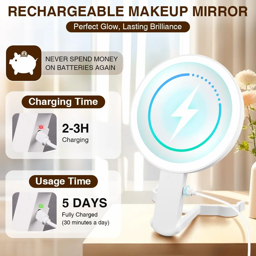 AUAUY Espejo Maquillaje con Luz, Aumento 30X/1X, Espejo Espelho Maquilhagem Portátil, 3 Modos de y Brillo Ajustable, Colgar Pared de Mesa Mano Portátil, para Dormitorio, Tocador, Viajes - Blanco