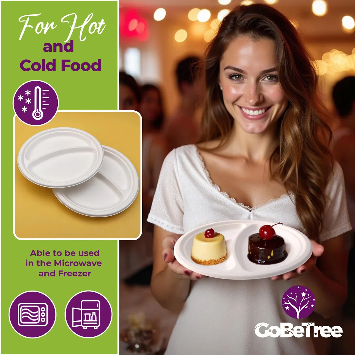 GoBeTree 100 Platos desechables de 23 cm con 2 compartimentos. Platos de caña de azúcar, Vajilla desechable extrafuertes de Color Blanco. Platos Redondos.