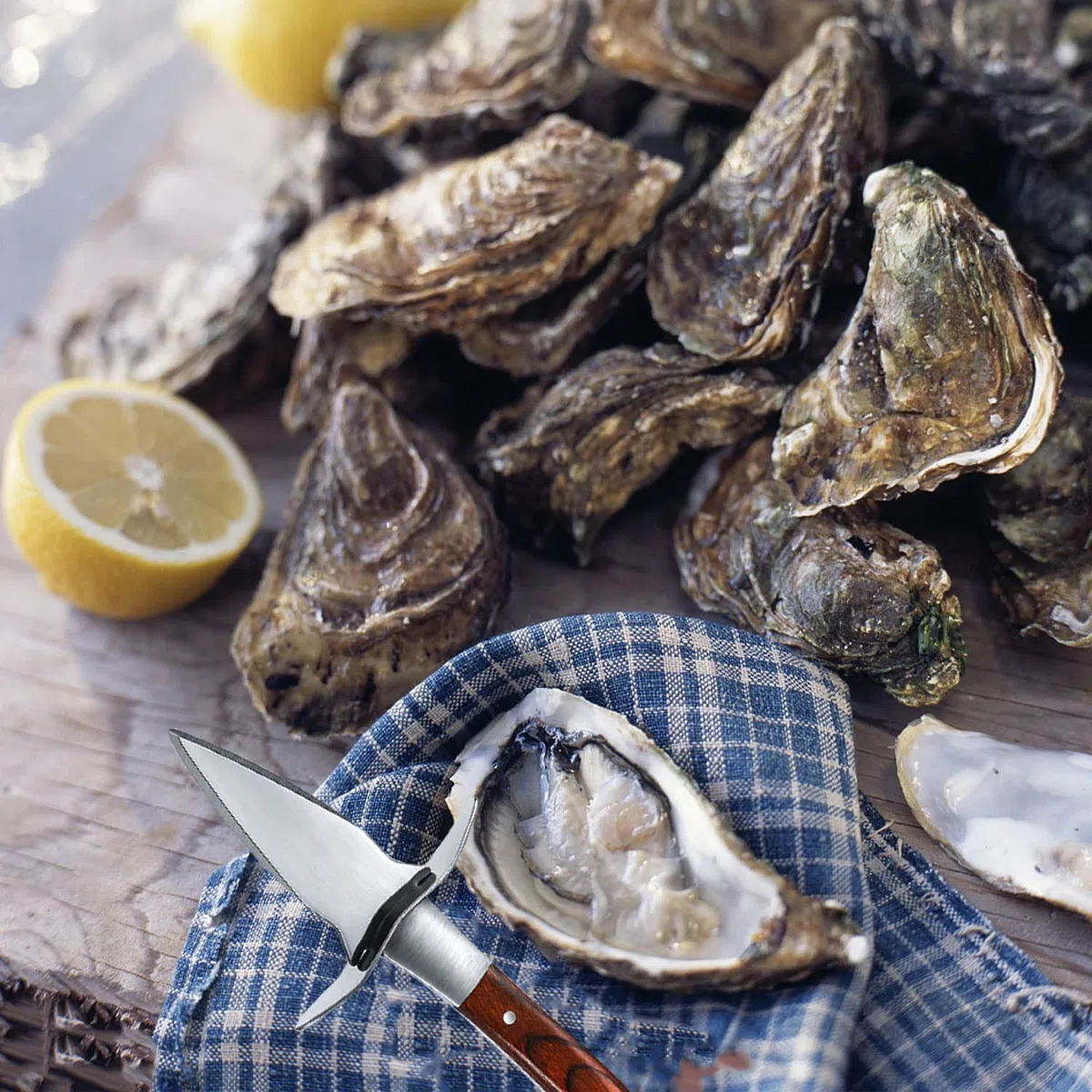 Abridor de Ostras, Ostra Shucker con Protector de Mano, Mango de Madera Adecuado de Acero Inoxidable Oyster Shucker, para Los Mariscos, Mariscos, Herramientas