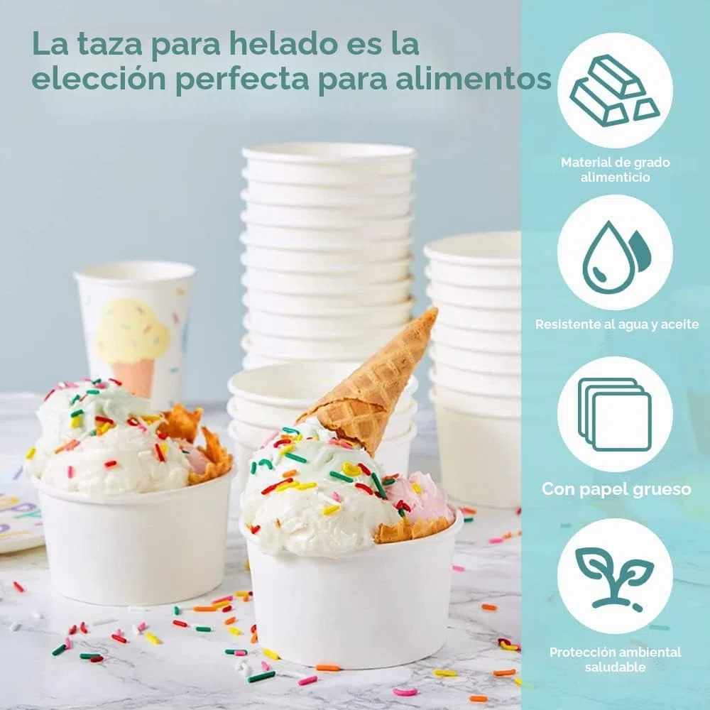 REFORUNG Helados de cartón 50 unidades ecológicos universales de cartón desechables 240 ml desechables vasos de papel con 50 cucharas de madera para helado, yogur congelado, sopa, blanco