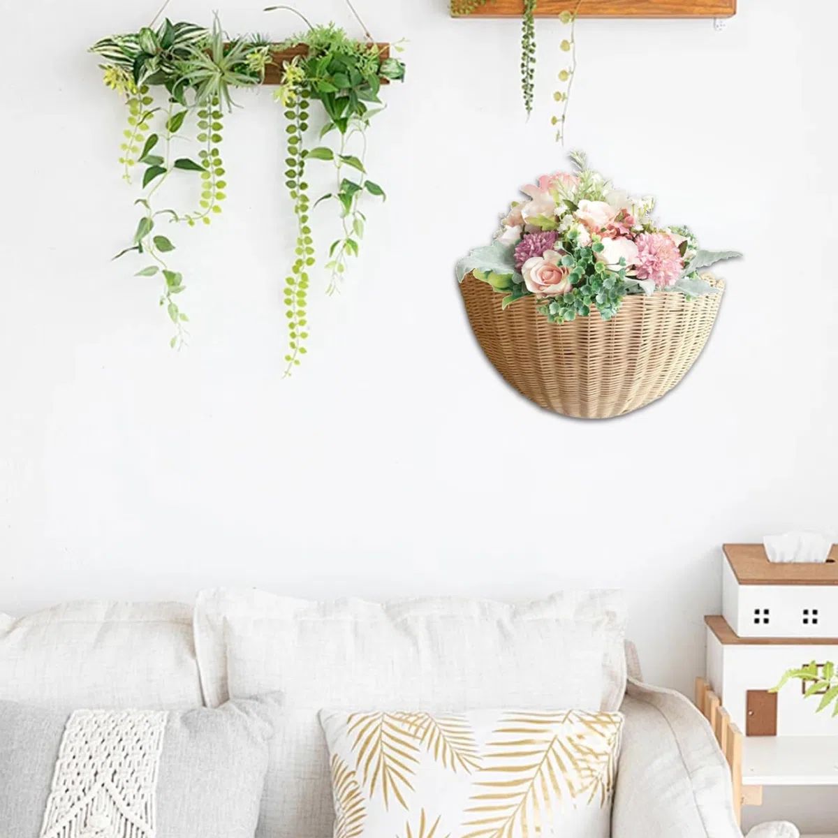 Canasta de colgantes de mimbre, canasta rústica de pared colgante de pared para frutas/vegetales/planta/artículos de tocador en la cocina/baño/sala de estar/14x6x8 pulgadas