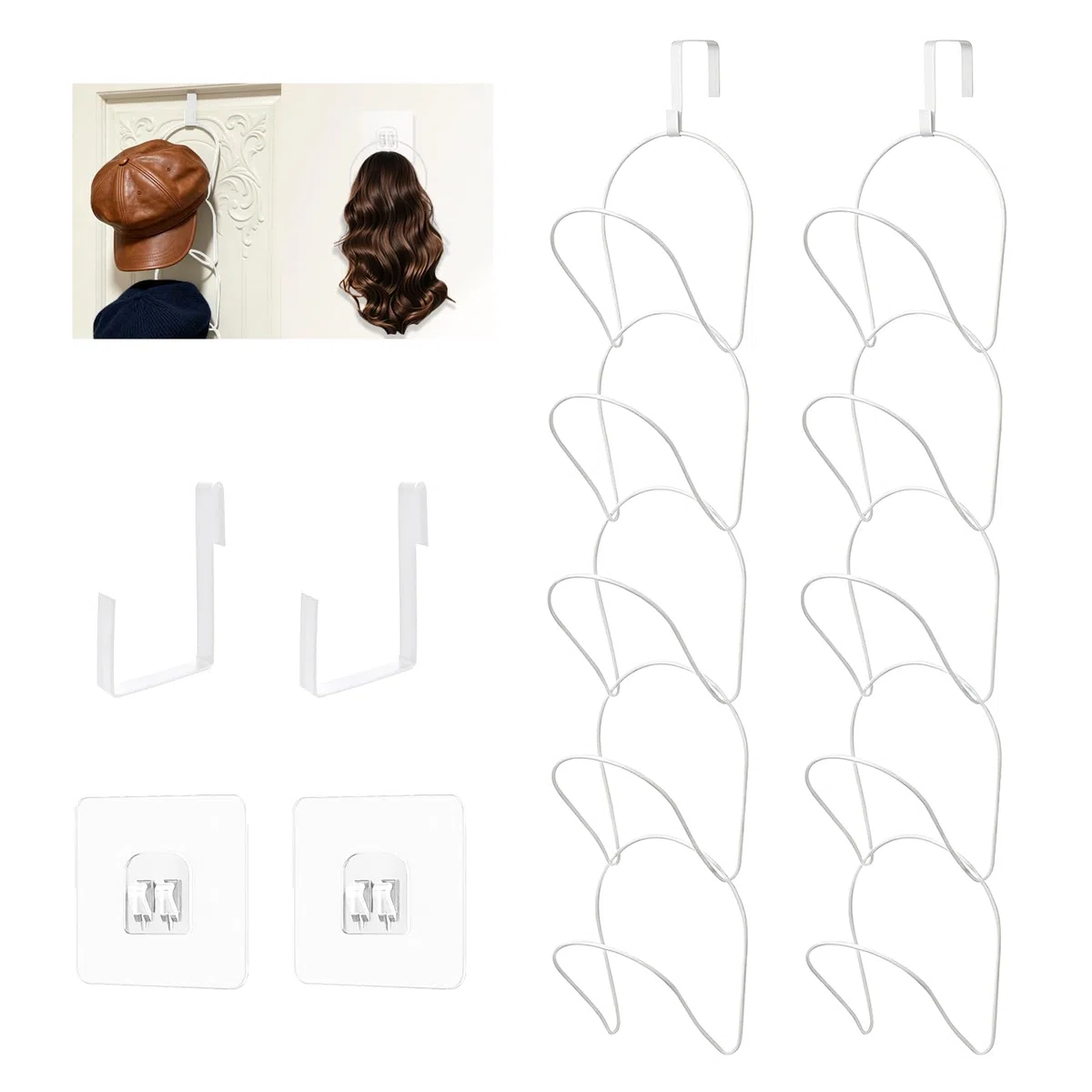 10pcs Soporte Colgar Gorras Pared y Puerta Organizador de Gorras de Béisbol con Ganchos Metal Colgador Sombreros para Bufandas, Pelucas, Bolsos y Corbatas-Blanco