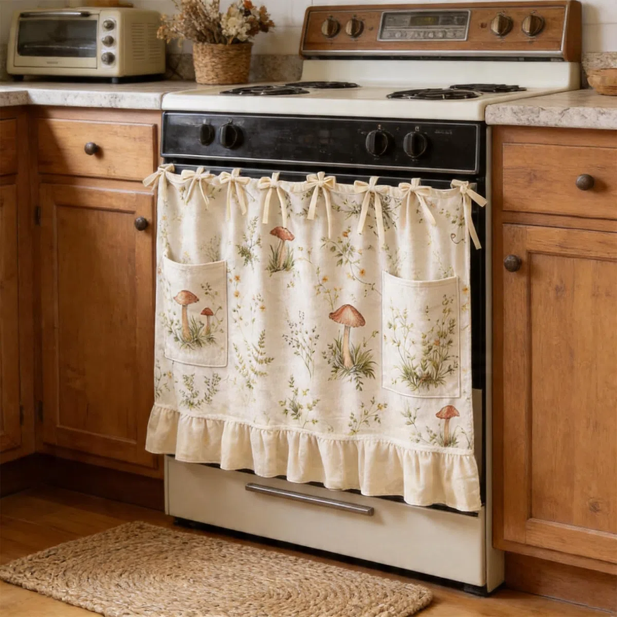 Cortina decorativa rústica para puerta de horno con ribete de volantes y lazos de cinta, cortina de horno para decoración de cocina y casa de campo