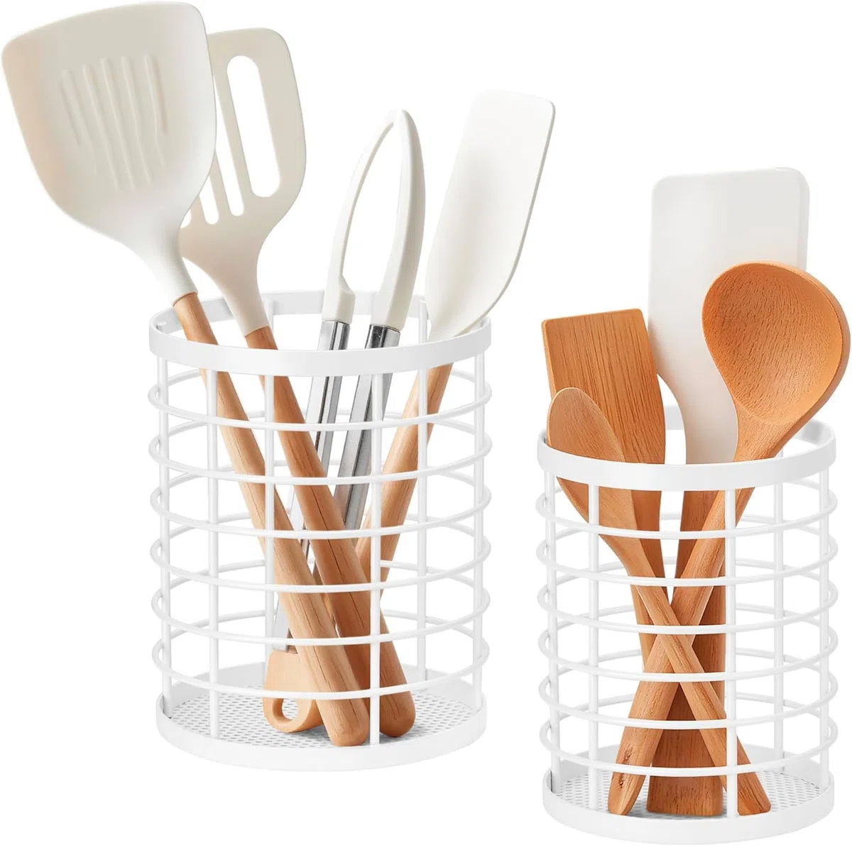 QIWODE Soporte para Utensilios de Cocina, Cesto redondo para cubiertos, organizador de utensilios de cocina para cucharas, espátulas, tenedores, metal, blanco
