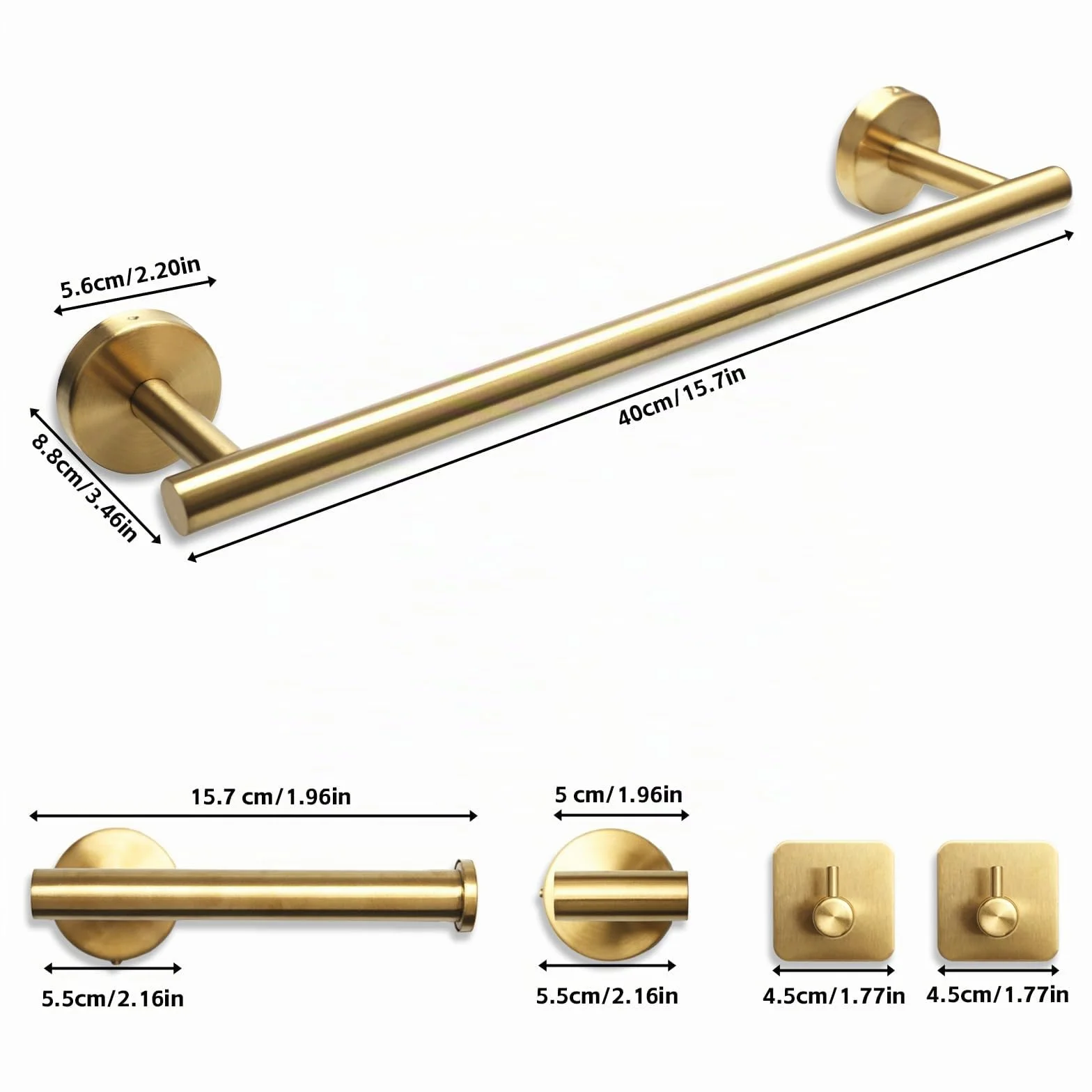 Toallero de Baño, Accesorios baño,Que Incluye 1 toallero, 1 portarrollos y 3 Ganchos. El Conjunto Completo Ofrece soluciones prácticas para el baño (Oro)