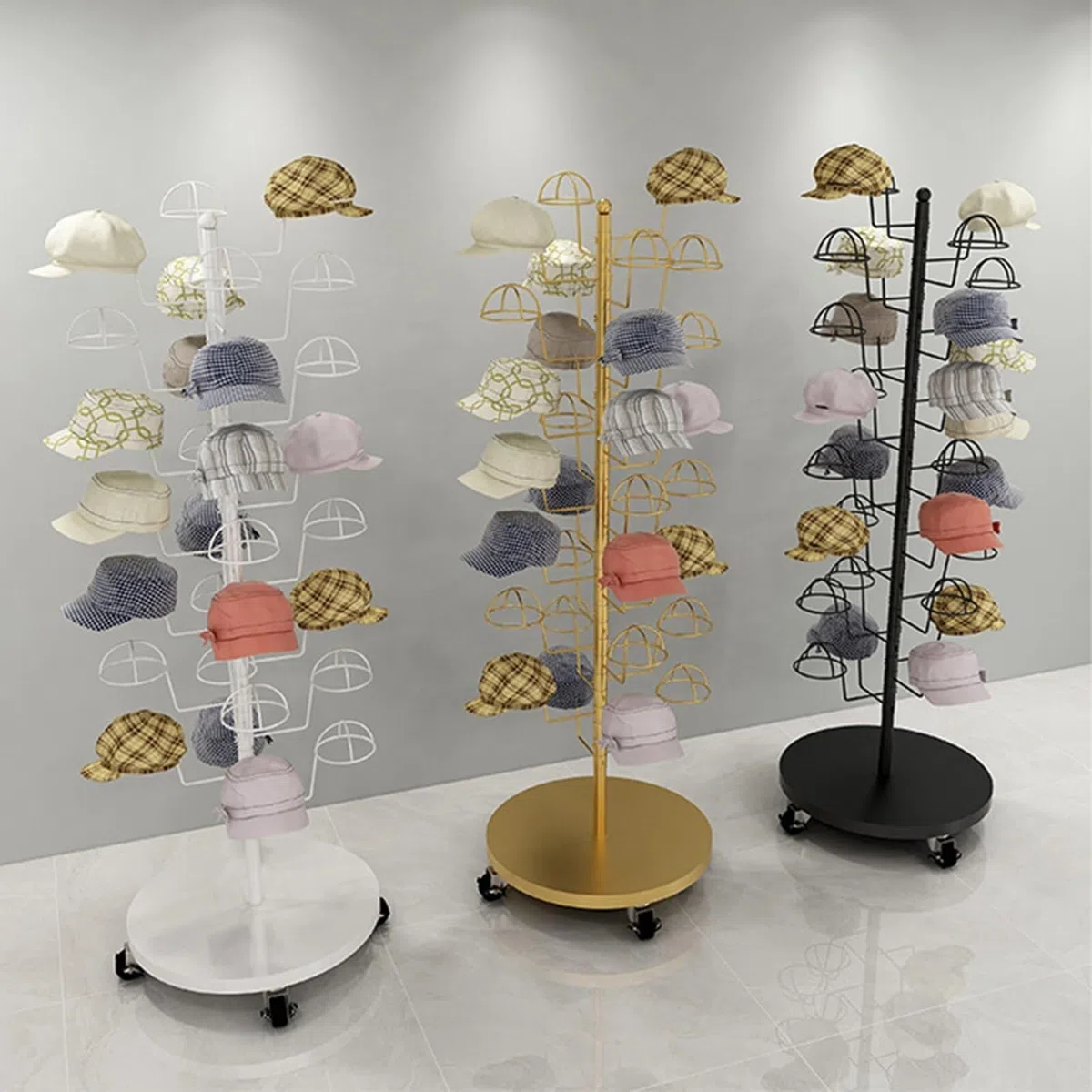 Expositor de Sombreros de Metal Ajustable con 4 Ruedas giratorias, Soporte de Suelo Giratorio para Gorras, Pelucas y Cascos, con Capacidad para 10-35 Sombreros (Negro, con 10 Sopor