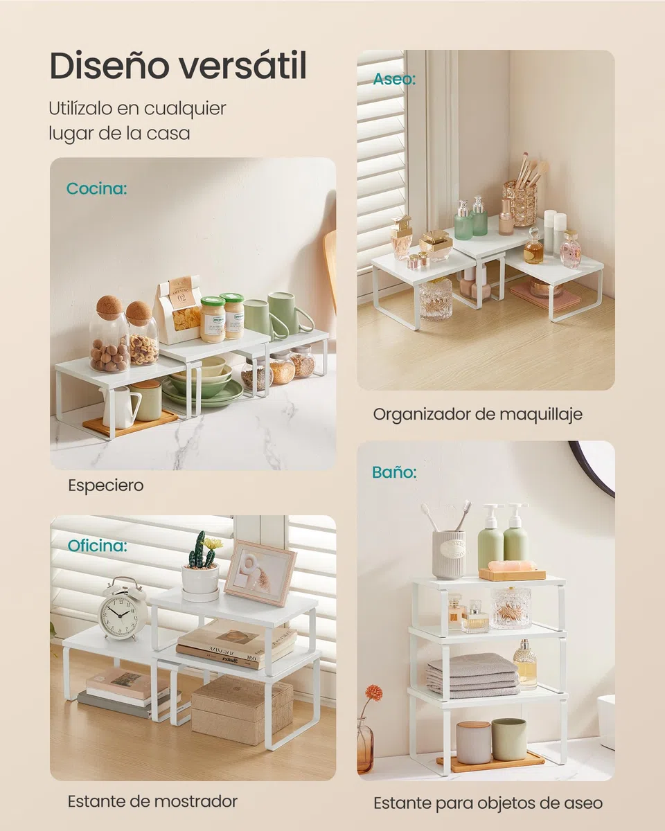 SONGMICS Estante para Especias, Juego de 3, Organizador de Armario, Apilables, Especieros Extensibles, Metal y Madera de Ingeniería, Blanco Nieve y Blanco Mate KCS220W01