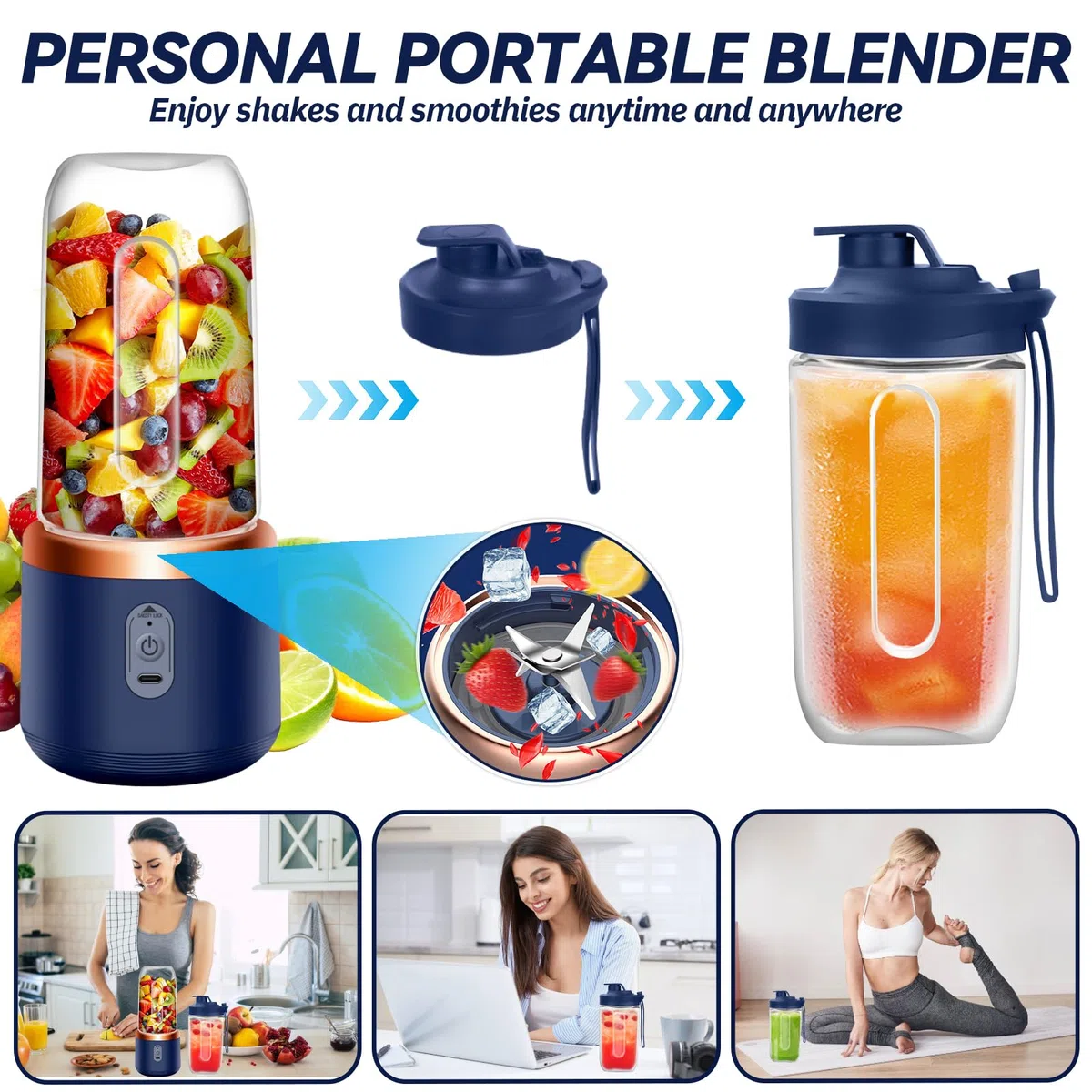 Licuadora Portátil, Mini Licuadora de 400ml Recargable USB Batidora Smoothie con 6 Cuchillas Smoothie Maker para Zumos Batidos Mini Batidora Portatil para Viajes, Deportes y Camping