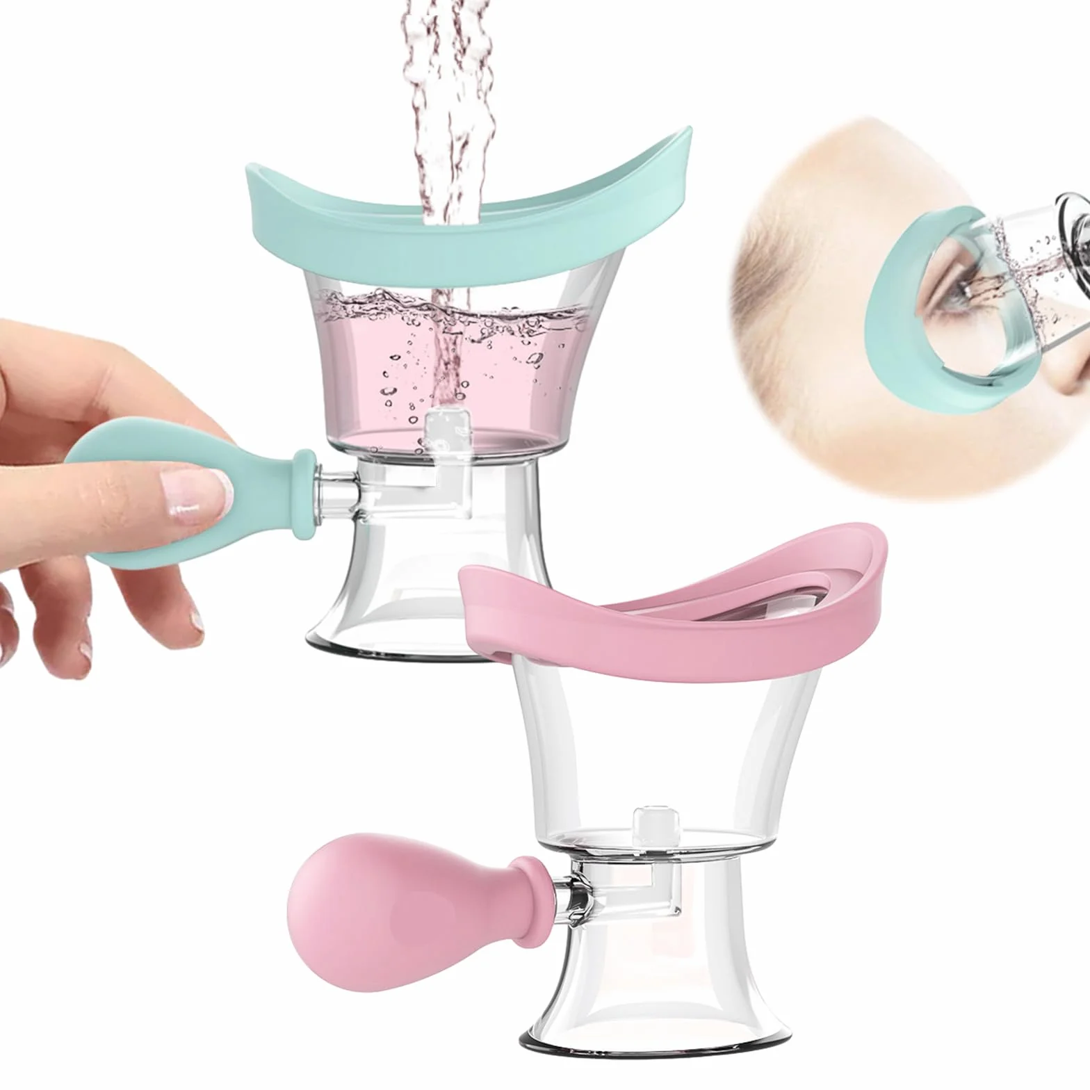 Tazas de Ojos Reutilizables Portátiles, 2 Piezas Taza de Lavado de Ojos, Vasos Lavaojos de Silicona, Copas de Lavado de Ojos, Baño Lavaojos, Manual Presión de Aire Limpieza de Ojos, (Azul, Rosa)