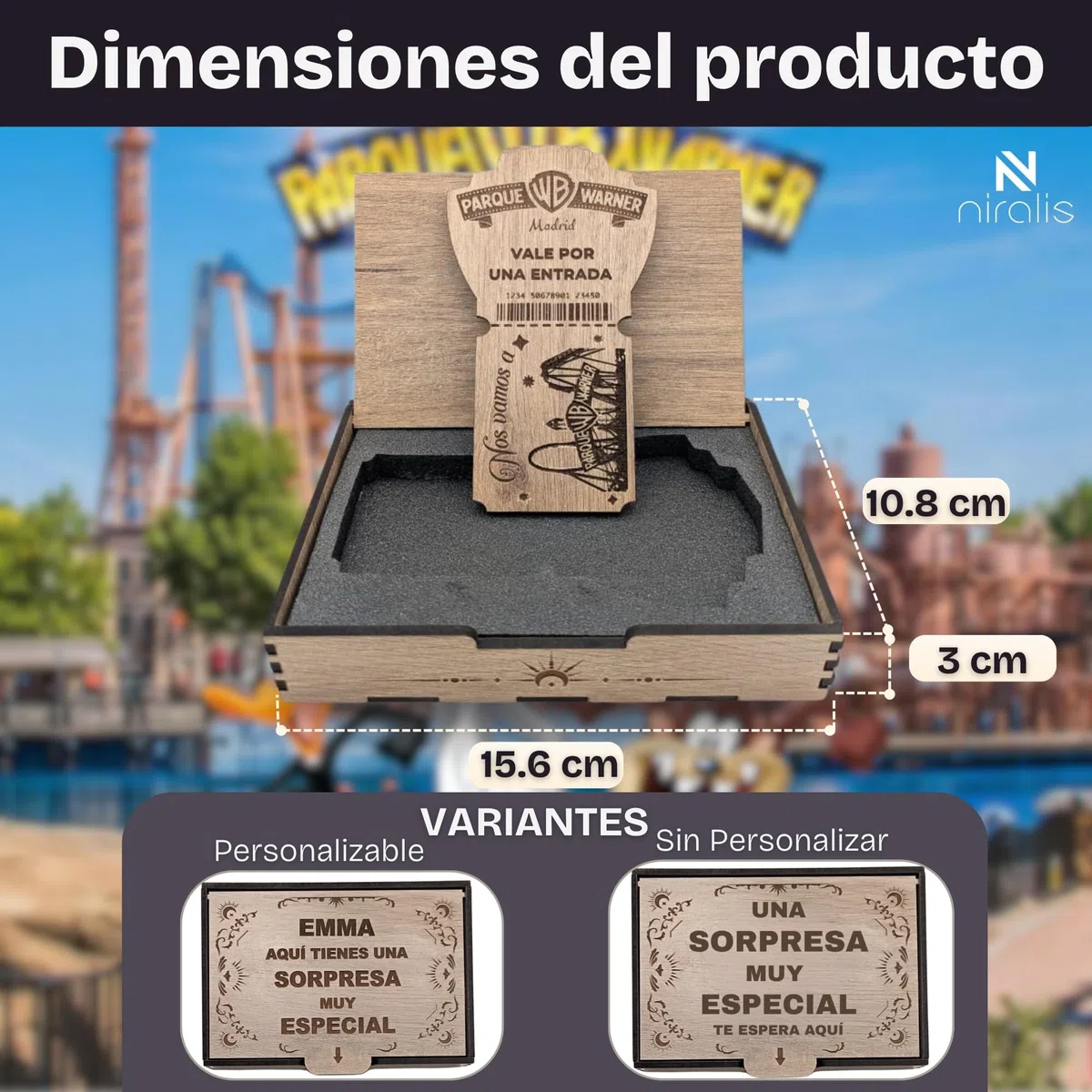Caja Regalo Parque Warner Personalizada | Sorpresa Original para Anunciar Entrada Warner | Regalo Parque Warner Madrid Niños y Adultos | Modelo en Madera Blanco o Roble (Roble, Sin personalizar)
