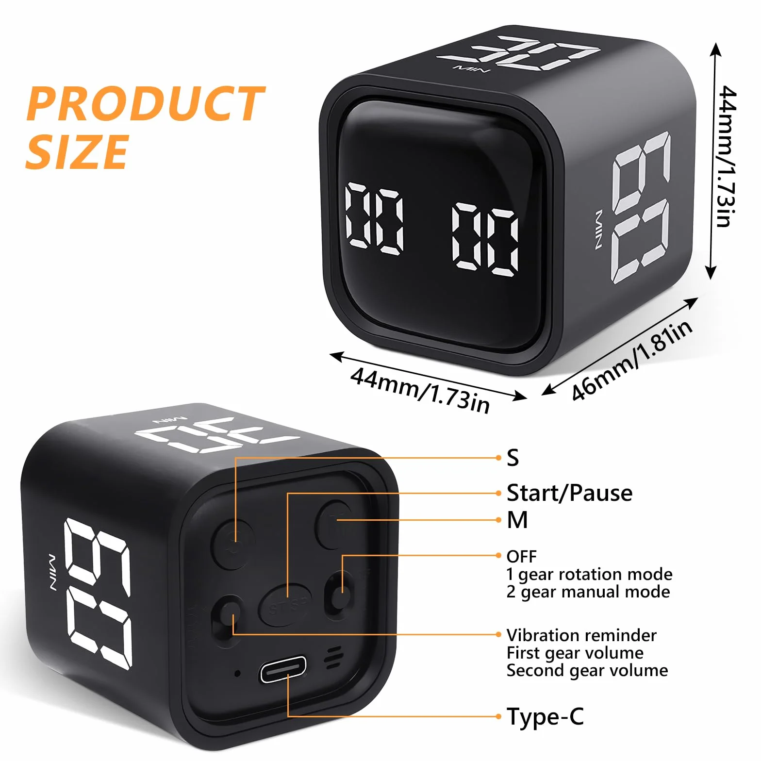Cuteefun Cubo Temporizador, Pomodoro Timer Rotativo, 5/10/30/60 Minutos y Cuenta Atrás Personalizada, Temporizador Digital con Vibración, Alerta Sonora Ajustable para Cocina, Estudio, Reunión, Negro