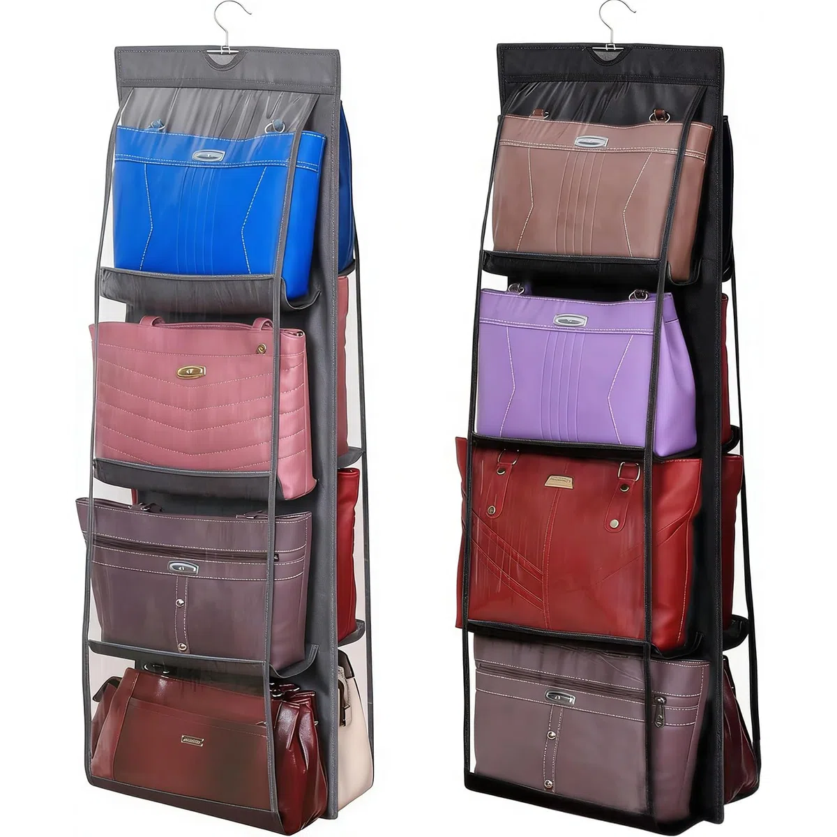 2 bolsas colgantes, organizador de bolso con 8 compartimentos transparentes y gancho fuerte, para armario o cajones, 35 x 110 cm (negro + gris)