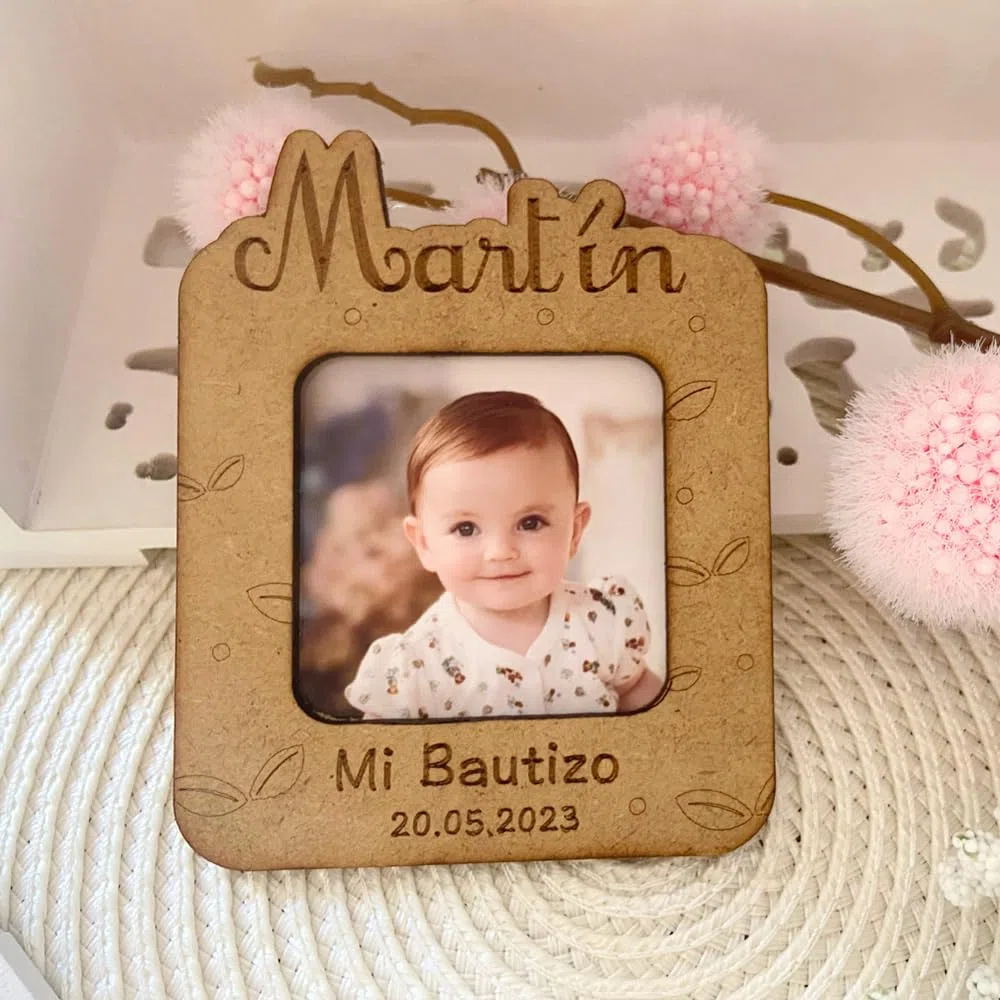 Genérico Lote 5 unidades. Marco de Fotos Personalizado con imán, personalizado para Bautizo, Comunión, Cumpleaños, Boda | Portafotos Imán de Madera con diseño personalizado, regalos para invitados