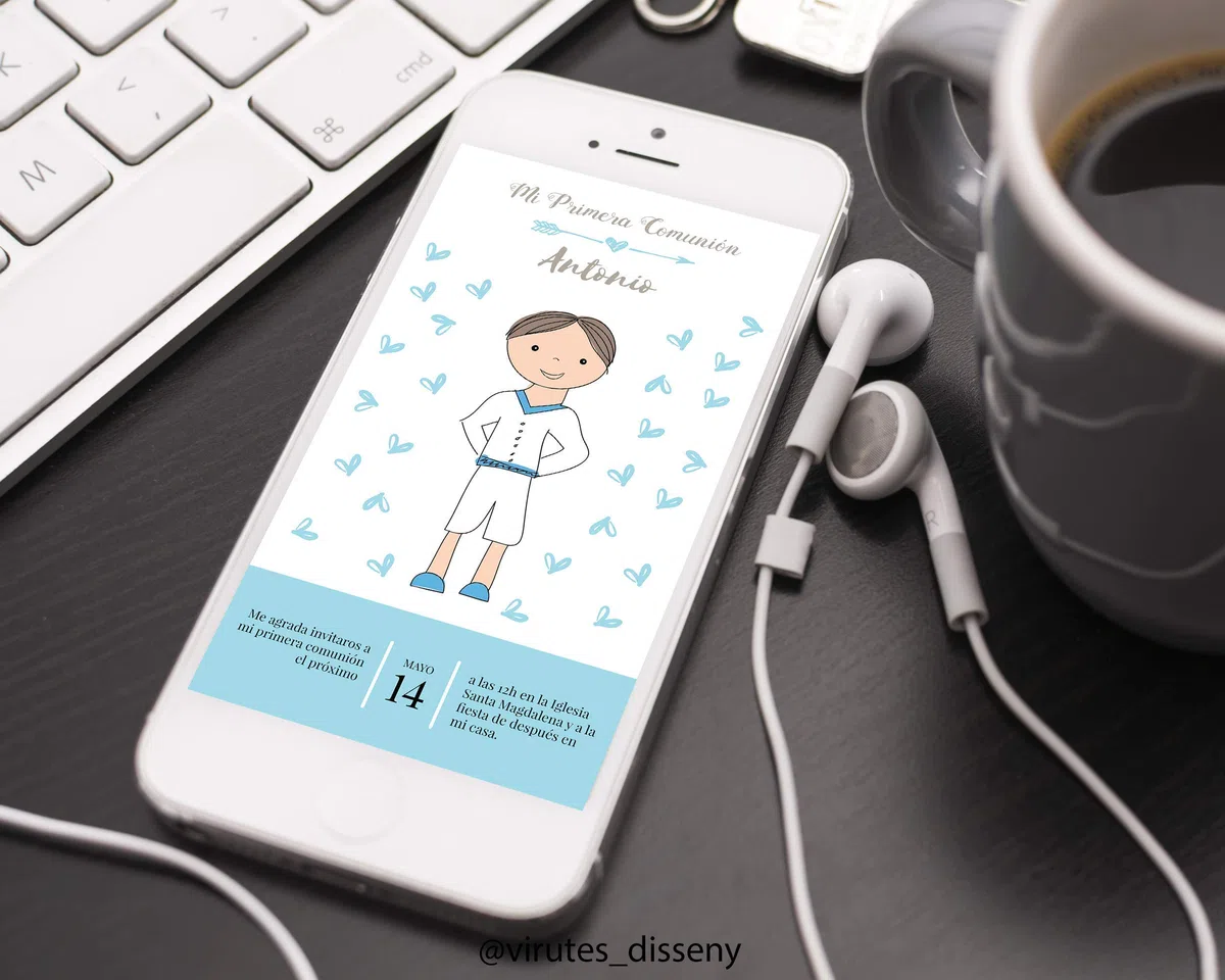 Invitación Primera Comunión Niño Digital Personalizada – Invitación Animada GIF para WhatsApp, Diseño Niño con Corazones Azules, Envío por Email 24h