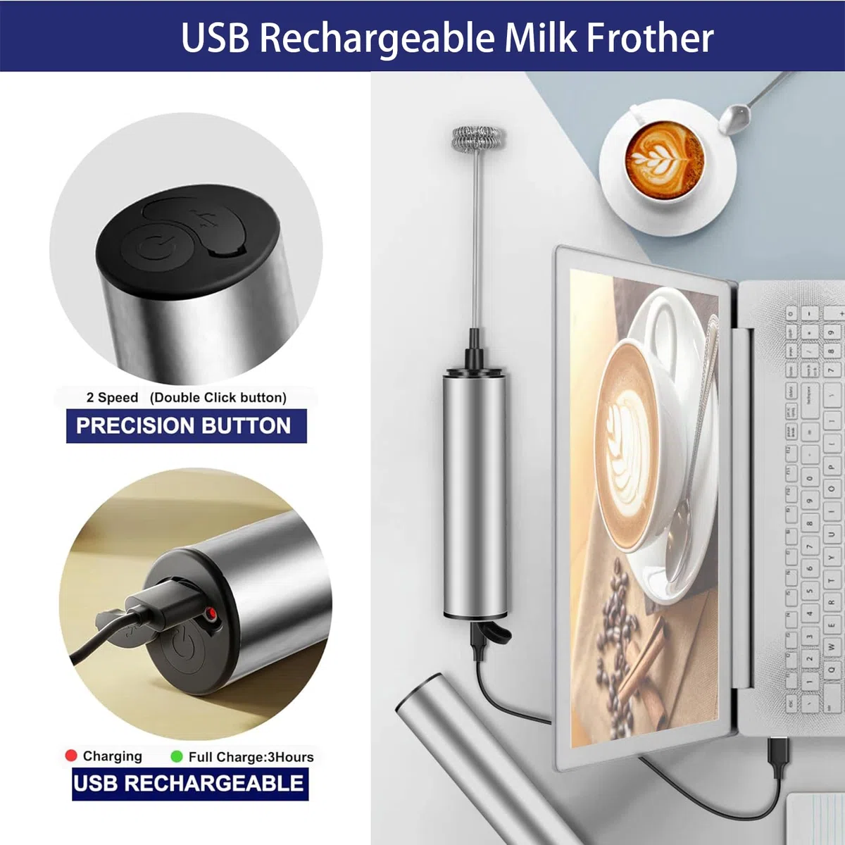 Espumador de Leche, Espumador Leche Electrico, USB Recargable batidor de leche electrico, 2 velocidades ajustable espumadera de leche, Batidora de Leche Portátil para Huevos, Café, Lattes, Capuchino