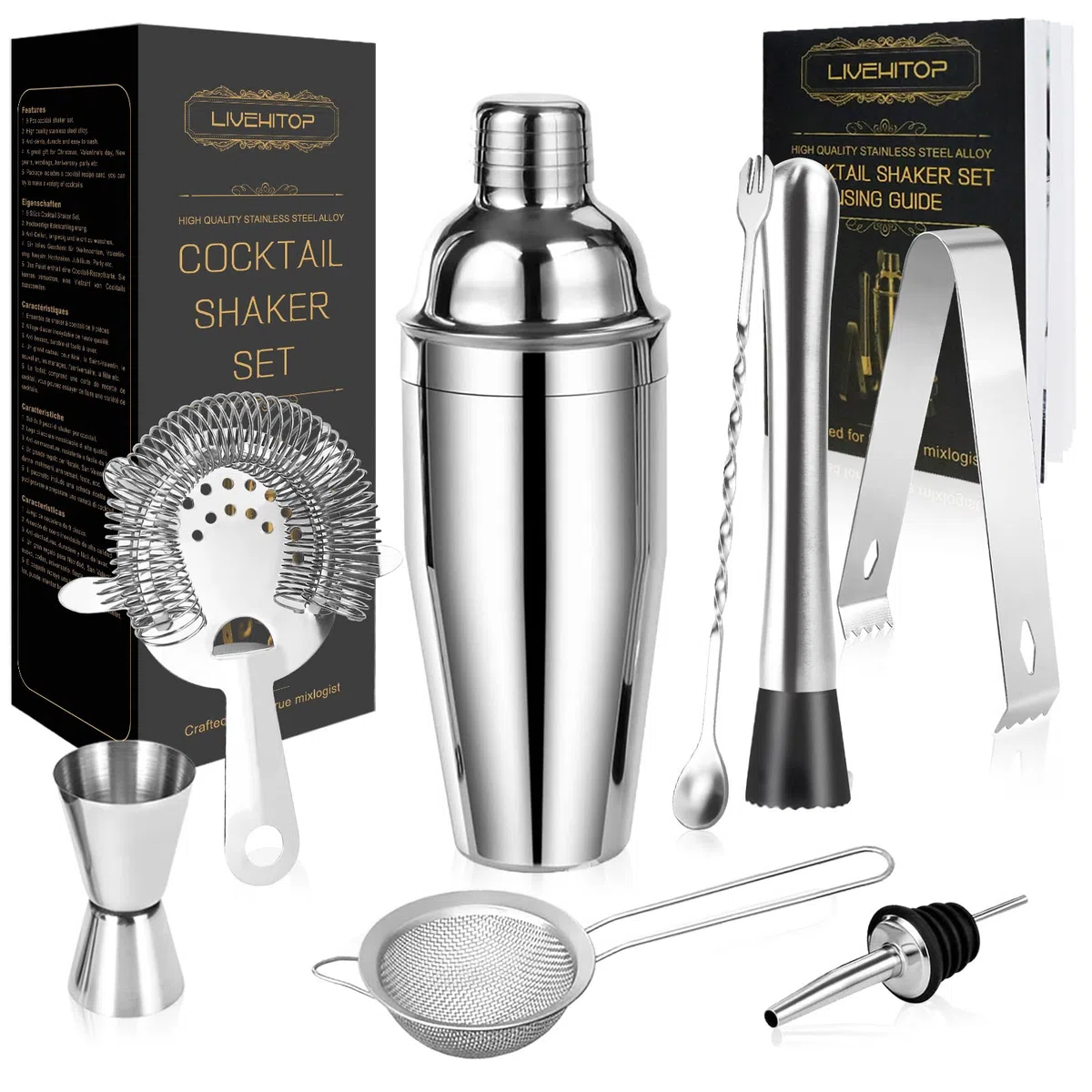LIVEHITOP Juego Cóctel, Juego Mezclador Cóctel Profesional Acero Inoxidable con Coctelera