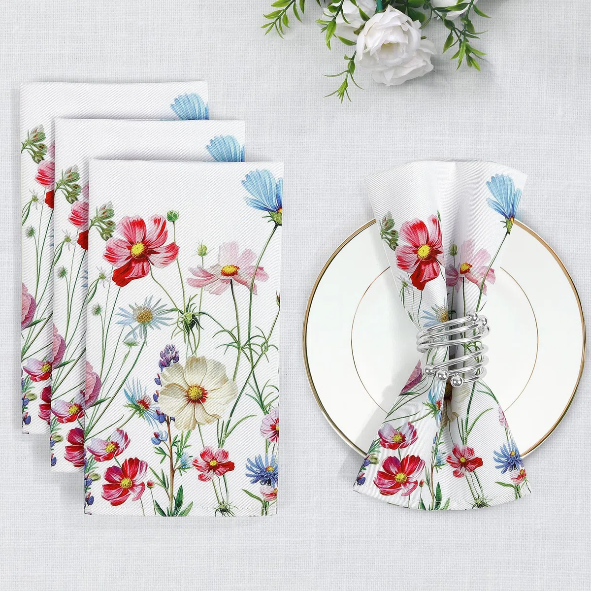 Servilletas de Flores Silvestres Tela de Cocina, Servilletas de 6 de Tela 100% Algodón Suaves Cómodas Lavables Reutilizables Servilletas de Mesa para Cenas Familiares, Cócteles, Bodas