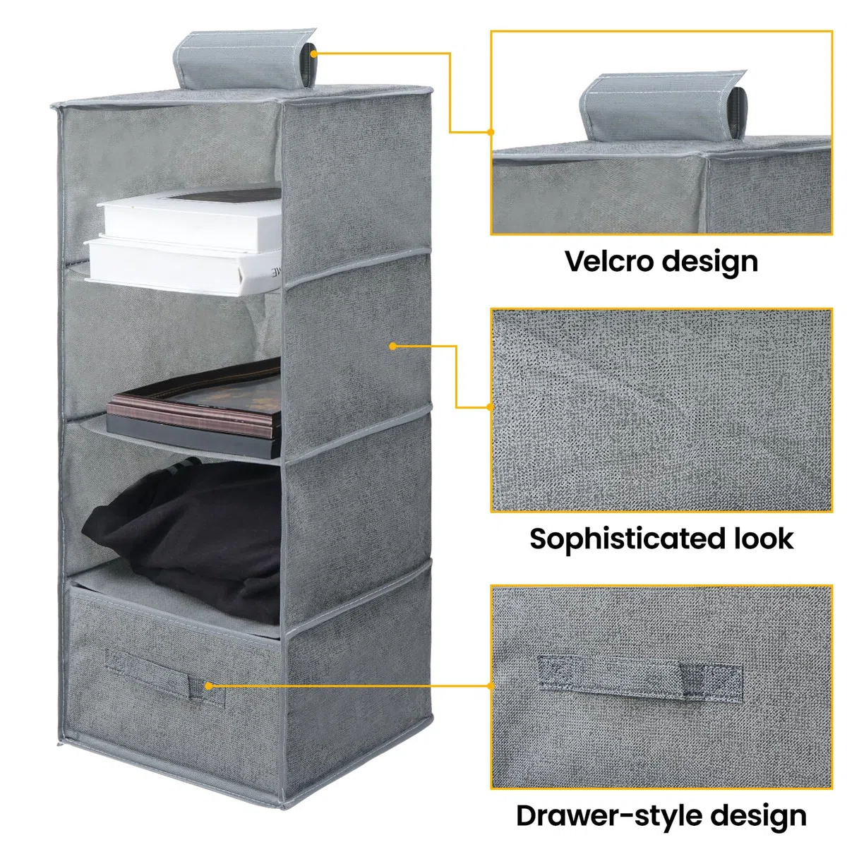 Organizador Armario Colgante con 4 Compartimentos, Organizador de Armario con 1 Cajón, Lavable Baldas Armario Interior, Arrumacao Roupeiro para Dormitorio Caravana Camping (Gris)